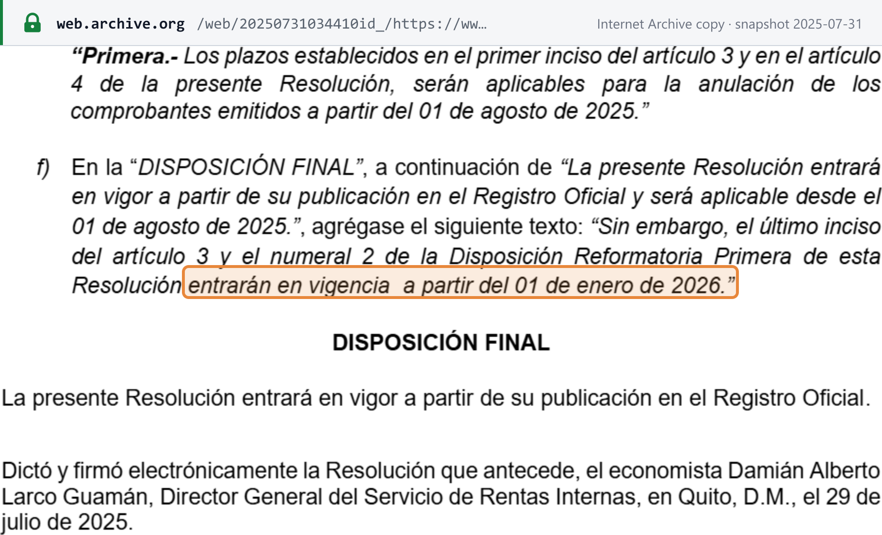 Source snapshot — SRI Resolution NAC-DGERCGC25-00000017, signed 29 July 2025: the last paragraph of article 3 and numeral 2 of the First Amending Provision of Resolution NAC-DGERCGC25-00000014 "entrarán en vigencia a partir del 01 de enero de 2026"