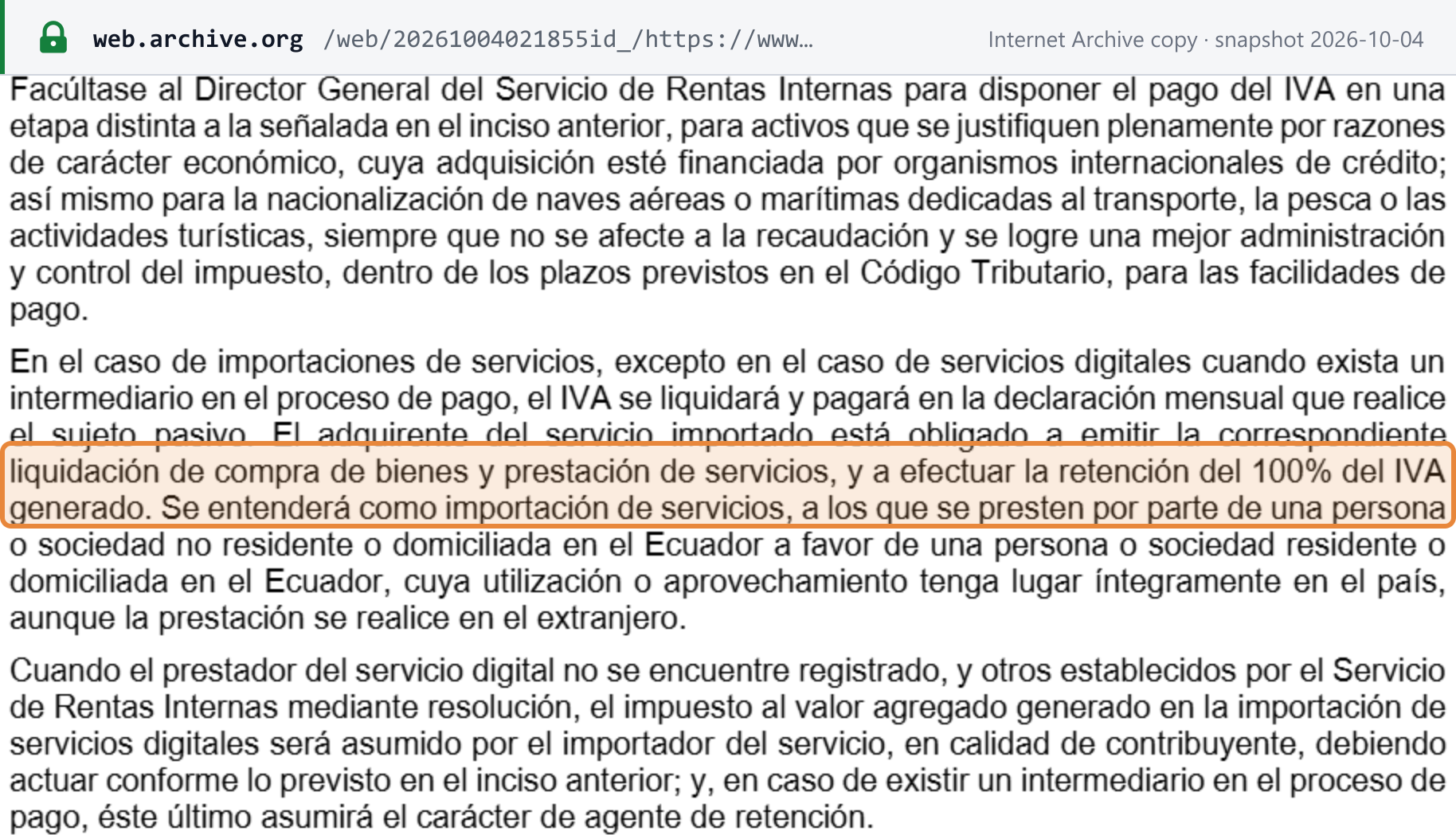 Source snapshot — LRTI article 70: on imported services the IVA is settled on the buyer's monthly return; the acquirer must issue a liquidación de compra and withhold 100% of the IVA; an imported service is one supplied by a non-resident to a resident and used entirely in Ecuador, even if performed abroad