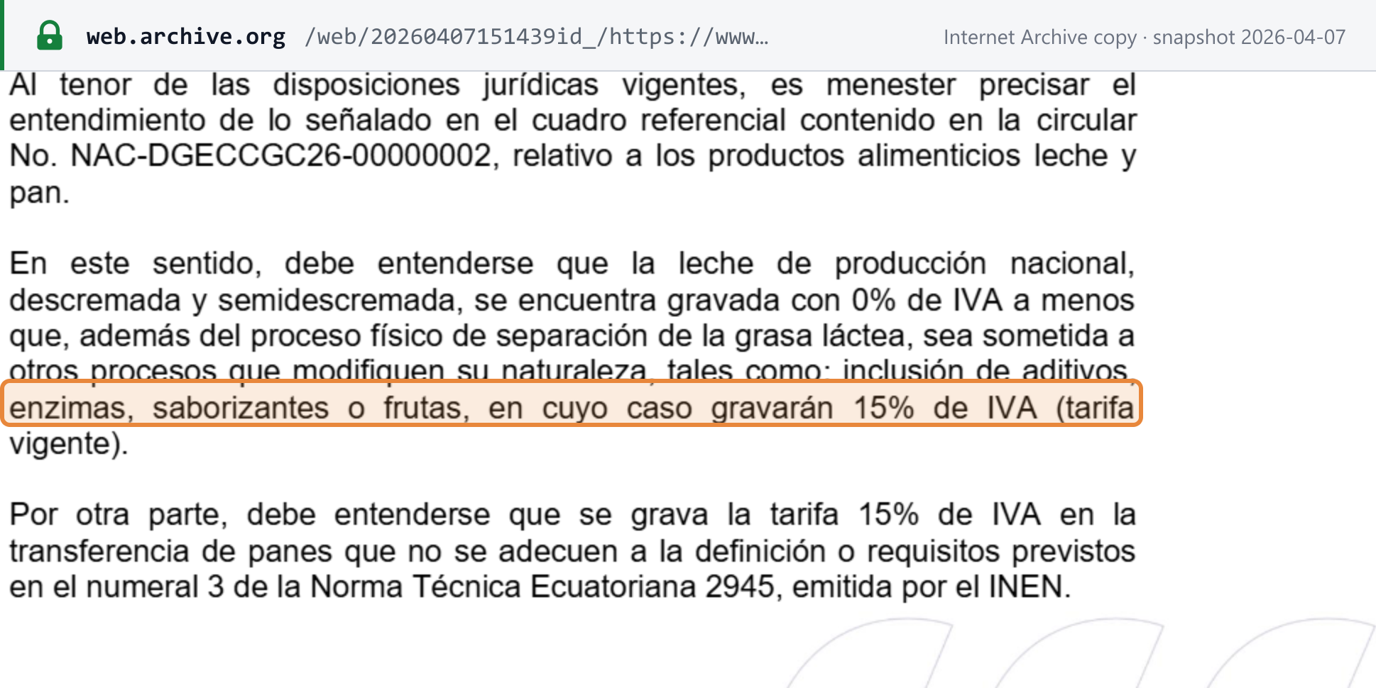 Source snapshot — SRI Circular NAC-DGECCGC26-00000005: domestically produced skimmed and semi-skimmed milk is taxed at 0% unless processed further with additives, enzymes, flavourings or fruit, "en cuyo caso gravarán 15% de IVA (tarifa vigente)"