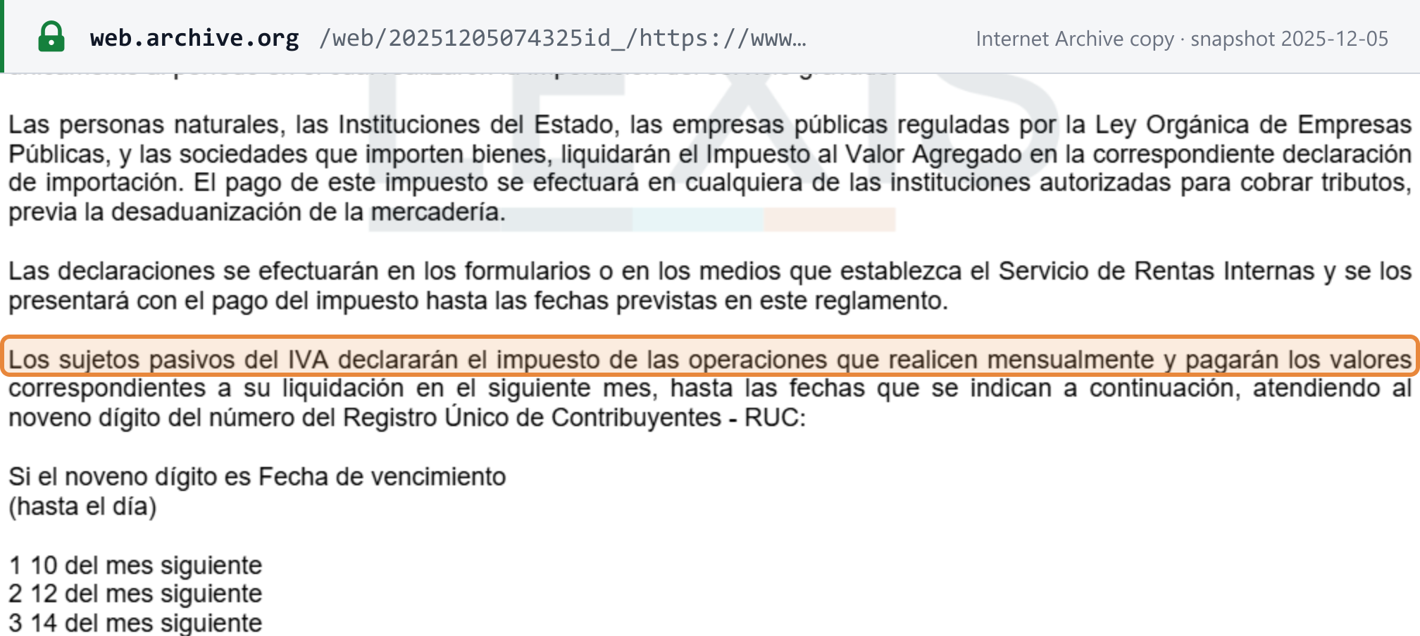 Source snapshot — RLRTI article 158: IVA taxpayers declare their operations monthly and pay in the following month by the dates set by the ninth digit of the RUC; the table starts with digit 1 = 10th, 2 = 12th and 3 = 14th of the following month