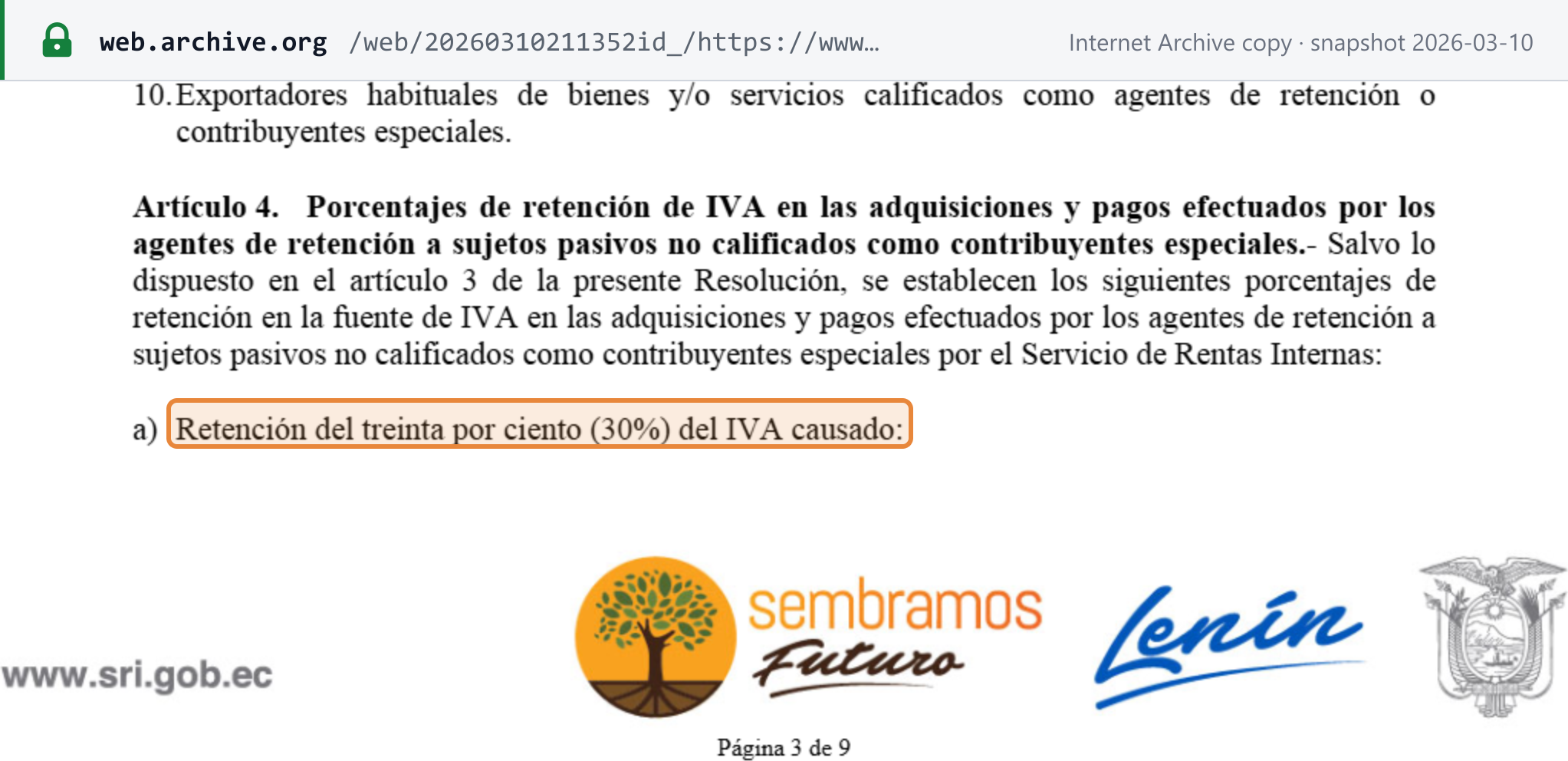 Source snapshot — SRI Resolution NAC-DGERCGC20-00000061, article 4: withholding percentages on purchases from taxpayers that are not special taxpayers, starting with (a) "Retención del treinta por ciento (30%) del IVA causado"