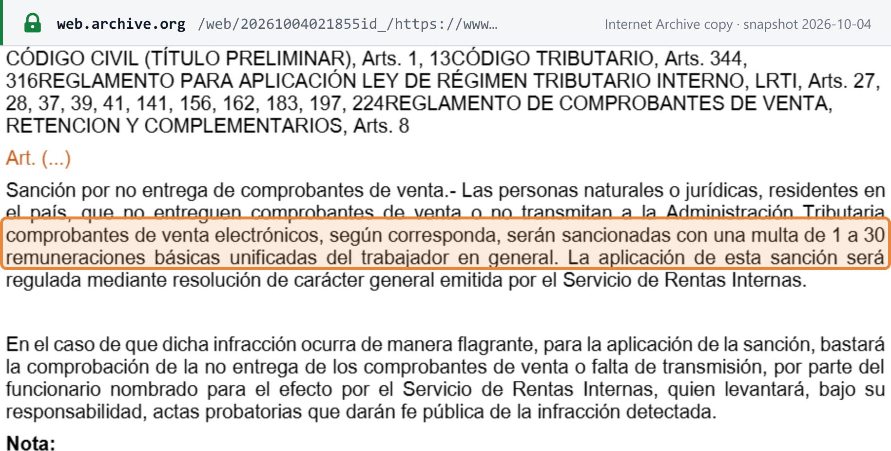 Source snapshot — LRTI, sanction for not delivering sales documents: residents who do not deliver sales documents or do not transmit electronic ones to SRI are fined 1 to 30 unified basic salaries, as regulated by an SRI general resolution