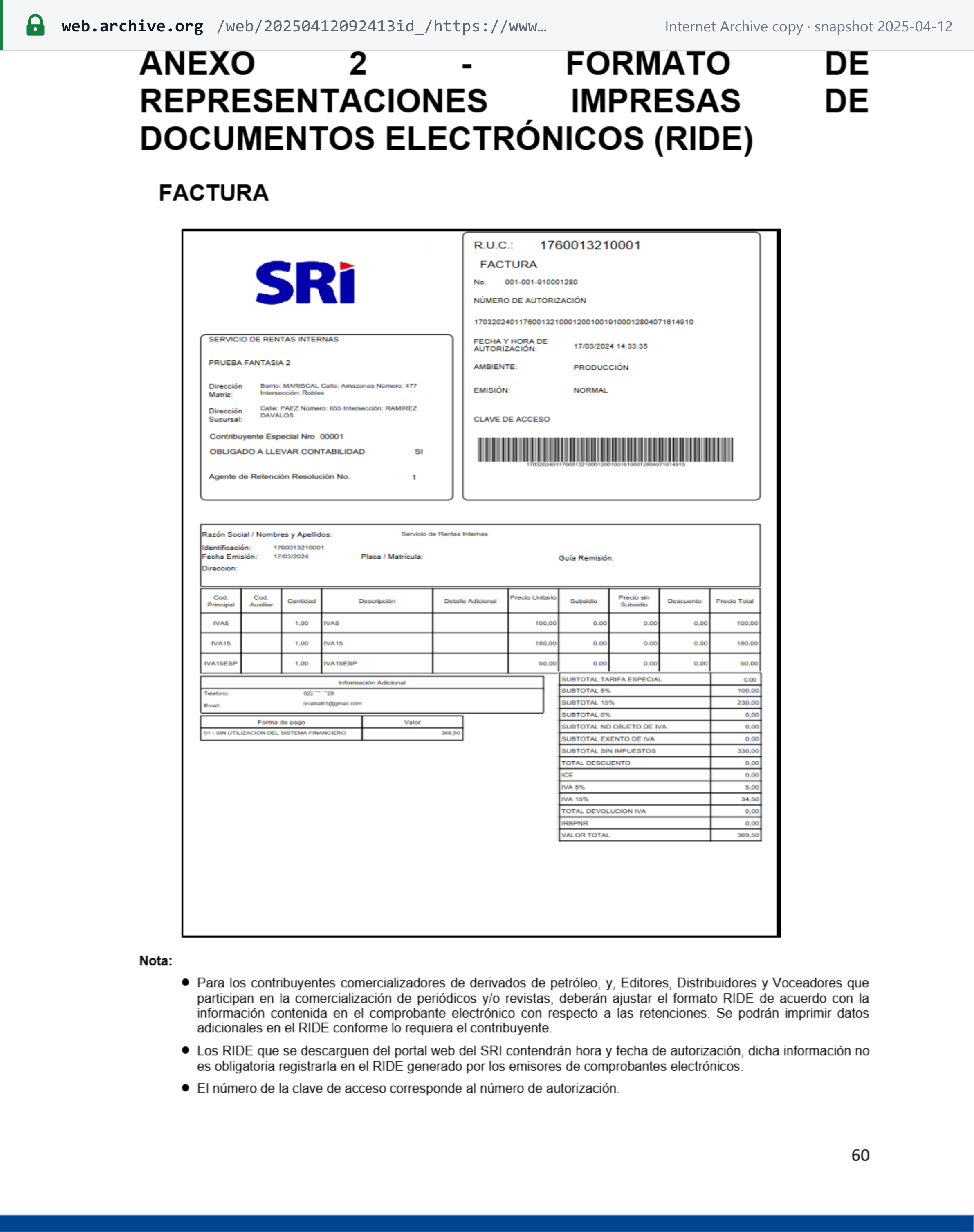 Source snapshot — SRI e-invoicing technical specification (off-line scheme) version 2.31, Annex 2, page 60: SRI's model RIDE for a FACTURA, with the issuer block (RUC, FACTURA, number, authorisation number, environment, access key and barcode, head-office and branch addresses), the buyer block, line items, and subtotals by rate with IVA 5% and IVA 15% lines and the total; SRI's notes say the access-key number is the authorisation number