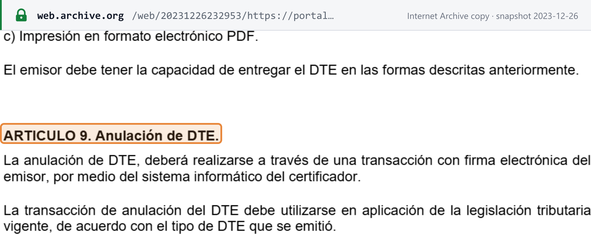 Source snapshot — SAT, Acuerdo de Directorio 13-2018, article 9: annulment of a DTE is made through a transaction signed electronically by the issuer, through the certifier's system