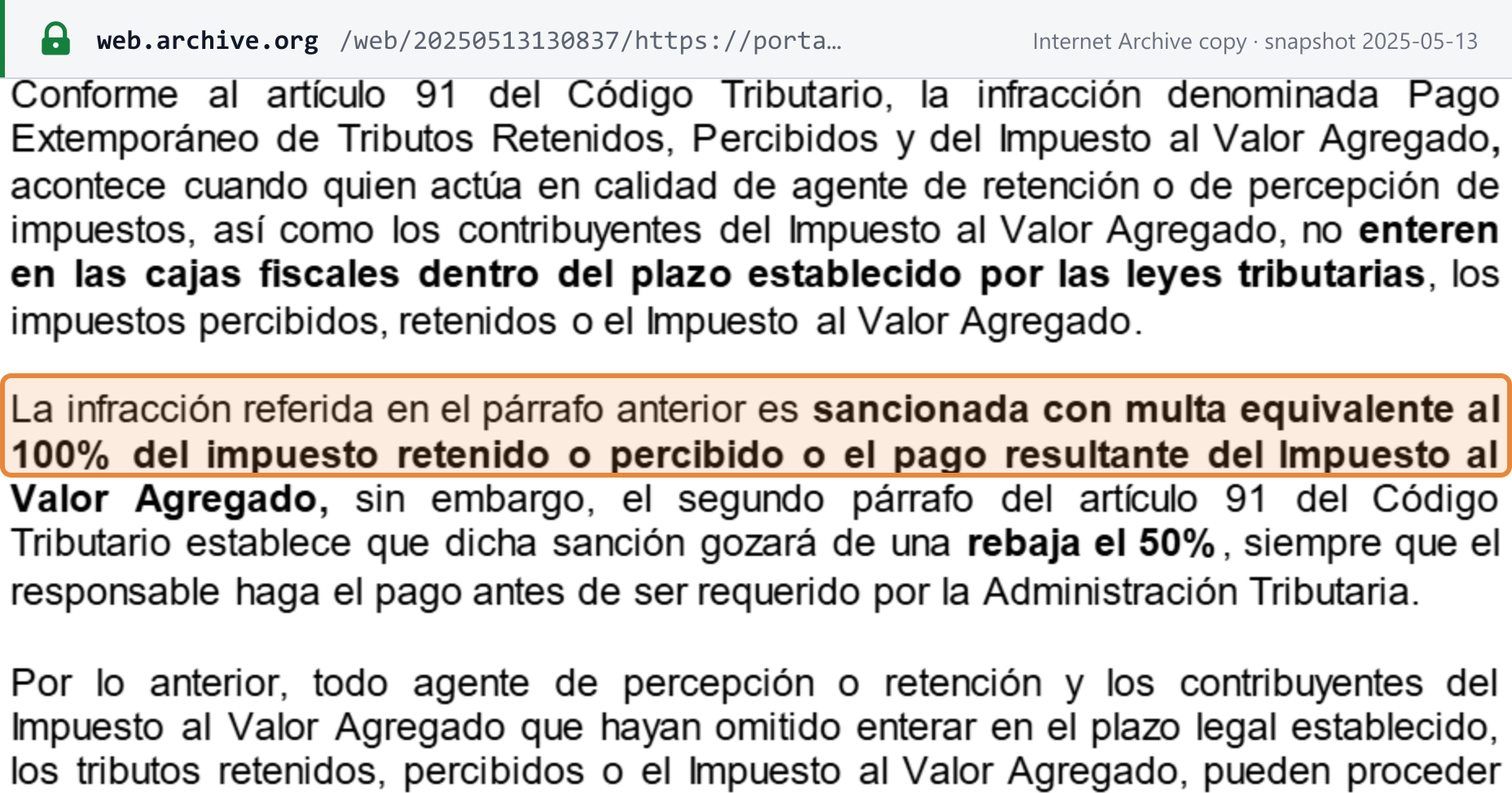 Source snapshot — SAT guidance on Tax Code sanctions: the fine equals 100% of the tax withheld or collected or of the IVA payable, reduced by 50% if paid before SAT requires it