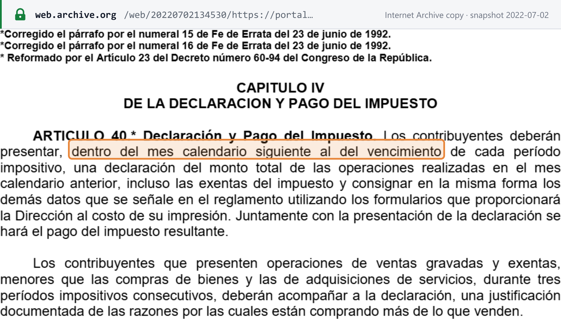 Source snapshot — Ley del IVA (SAT consolidated text), article 40: taxpayers file, within the calendar month following each tax period, a return of all operations of the previous month, and pay the resulting tax with the return