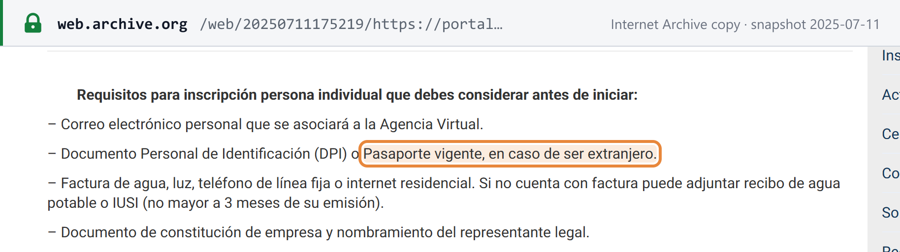 Source snapshot — SAT, RTU Digital NIT request (archived copy): the requirements for registering an individual are a personal email address linked to the Agencia Virtual, the DPI or a valid passport in the case of a foreigner (highlighted), and a utility bill or receipt no more than three months old