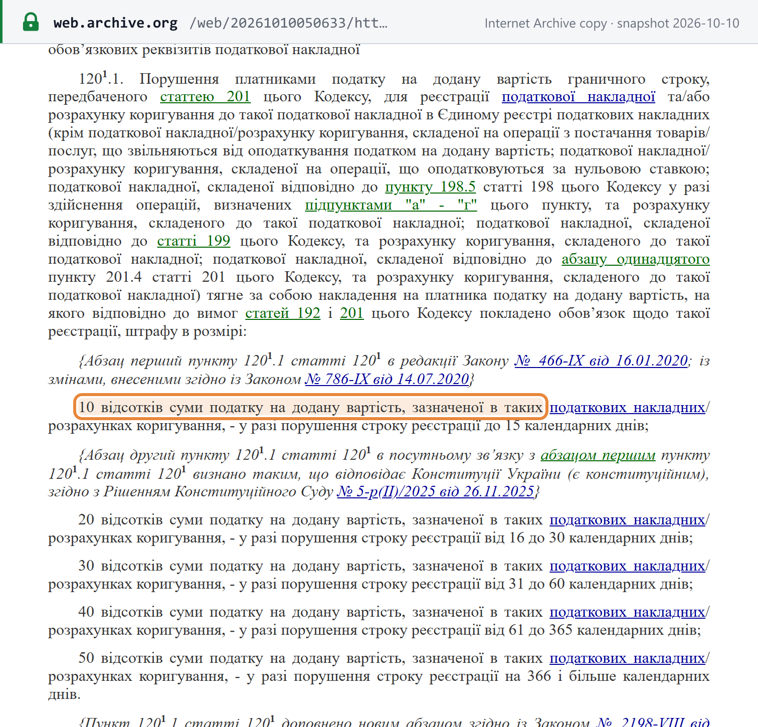 Source snapshot — Tax Code of Ukraine, art. 120-1.1: late registration of a tax invoice is penalised at 10% of the VAT for up to 15 days late, rising through 20%, 30% and 40% to 50% for 366 days or more
