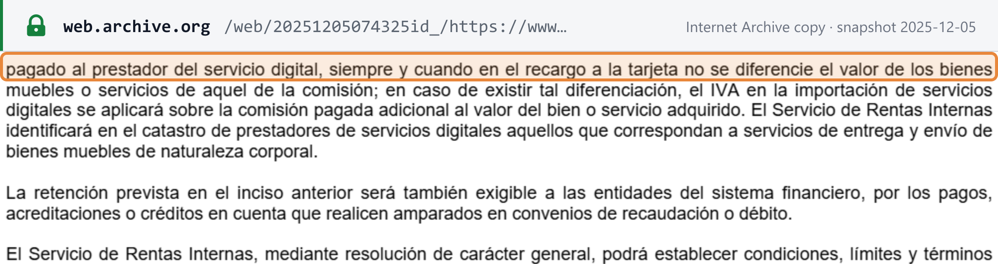 Source snapshot — RLRTI article 147.1, continued on page 92: withholding on 10% of the total applies "siempre y cuando en el recargo a la tarjeta no se diferencie" the value of the goods or services from the commission; where it is separated, the IVA applies to the commission; the same withholding applies to financial institutions paying under collection or debit agreements
