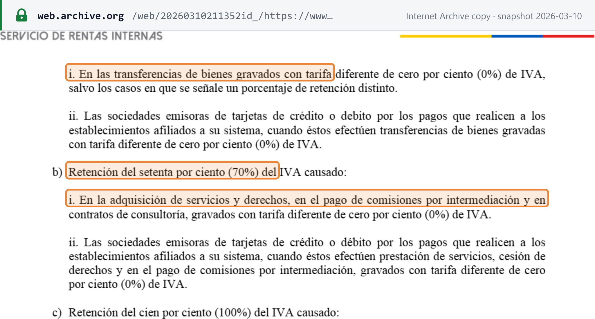 Source snapshot — SRI Resolution NAC-DGERCGC20-00000061, article 4, continued on page 4: item (a)(i), transfers of goods taxed at a rate other than 0%; heading (b) "Retención del setenta por ciento (70%) del IVA causado"; and item (b)(i), acquisitions of services and rights, intermediation commissions and consultancy contracts