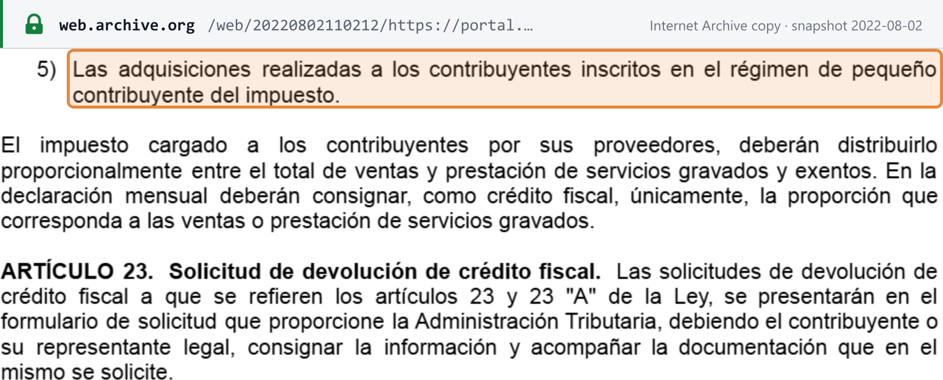 Source snapshot — Reglamento de la Ley del IVA, article 22 continued: item 5, purchases from taxpayers registered in the small-taxpayer regime (highlighted), followed by the rule that input tax is apportioned between taxed and exempt sales