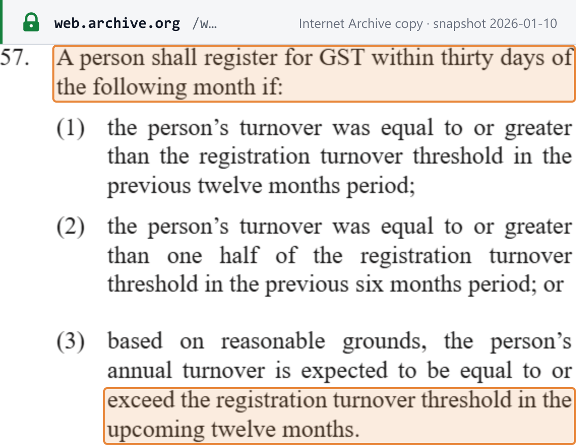 Source snapshot — who must register: GST Act of Bhutan 2020 (DRC consolidation), section 57 — register for GST within thirty days of the following month on the twelve-month, six-month half-threshold or expected-turnover test