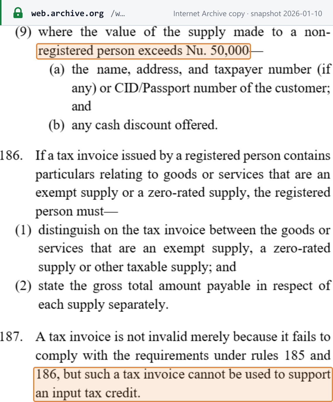 Source snapshot — invoice rules continued: GST Rules 2026, rule 185(9) buyer details where a supply to a non-registered person exceeds Nu. 50,000, rule 186 mixed invoices, and rule 187 — a non-compliant tax invoice cannot be used to support an input tax credit