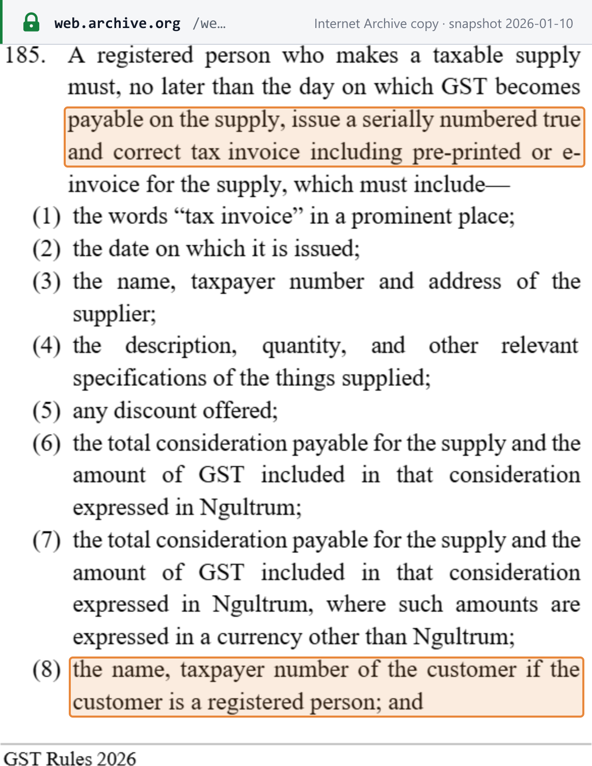 Source snapshot — invoice rules: GST Rules 2026, rule 185 (1)–(8) — no later than the day GST becomes payable, a registered person must issue a serially numbered true and correct tax invoice, including pre-printed or e-invoice, showing the listed particulars