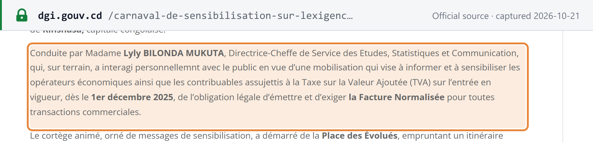 Source snapshot — e-invoicing start date: DGI news, November 2025 — the legal obligation to issue and to demand the facture normalisée for all commercial transactions takes effect from 1 December 2025