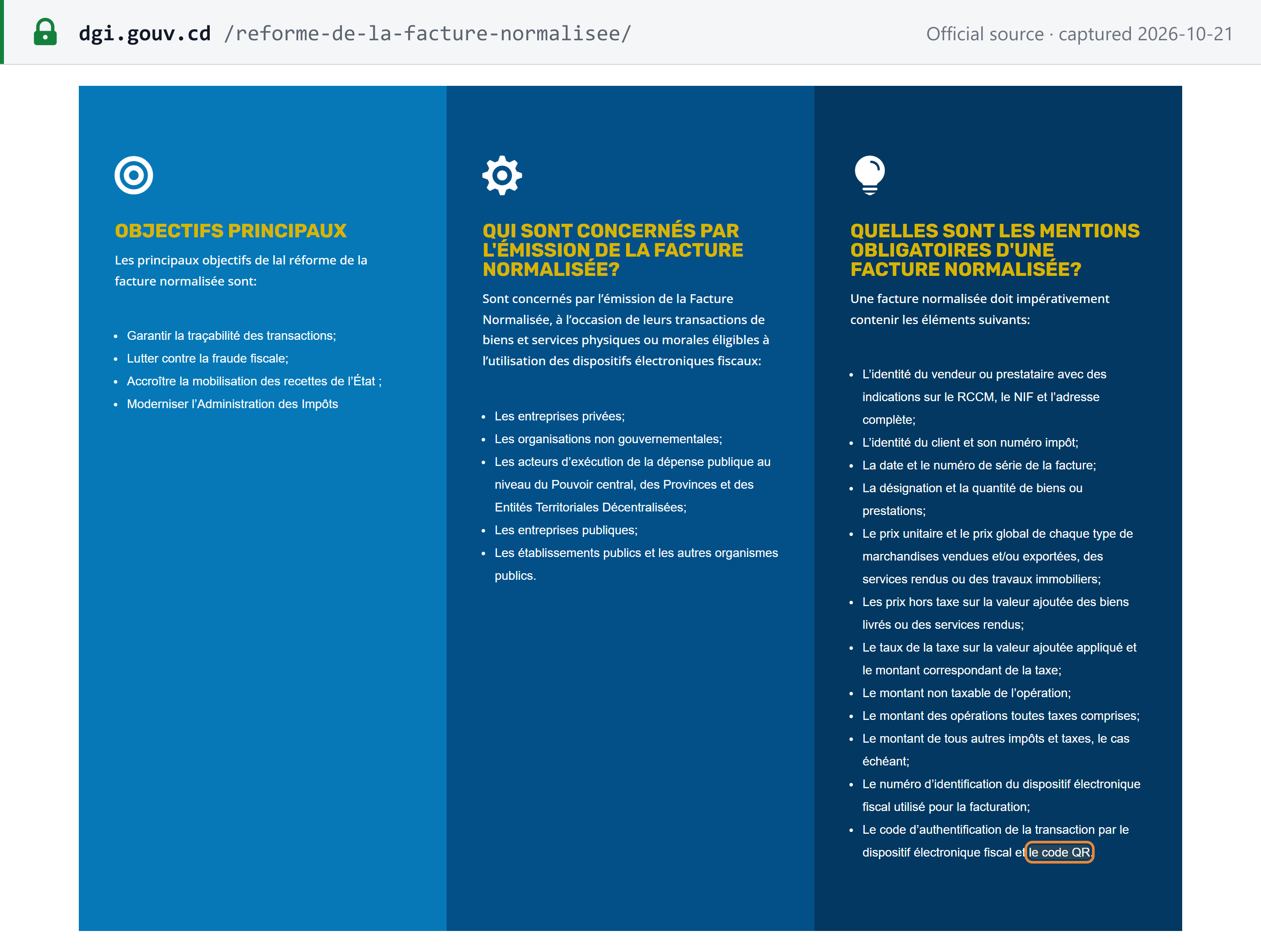 Source snapshot — invoice rules: DGI facture normalisée reform page — who must issue the normalised invoice, and its mandatory particulars, ending with the fiscal device's identification number, the transaction authentication code and the QR code