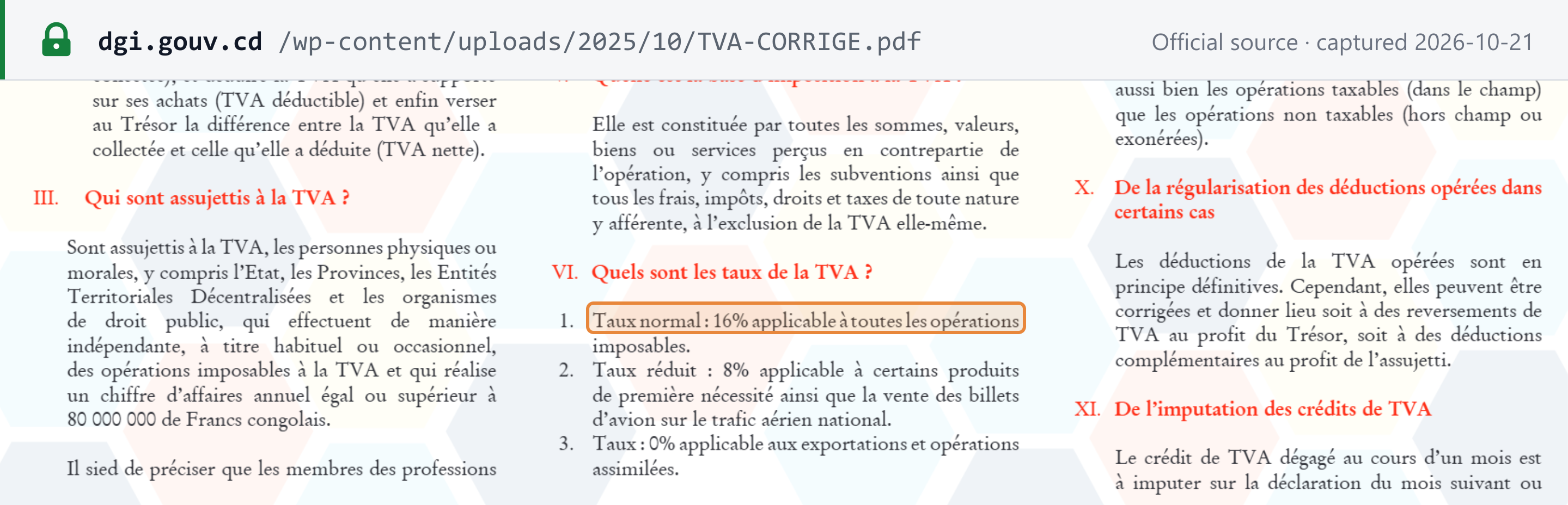 Source snapshot — VAT rates: DGI VAT leaflet (August 2025), section VI — the 16% standard rate on all taxable operations, the 8% reduced rate on certain basic necessities and domestic air tickets, and 0% on exports