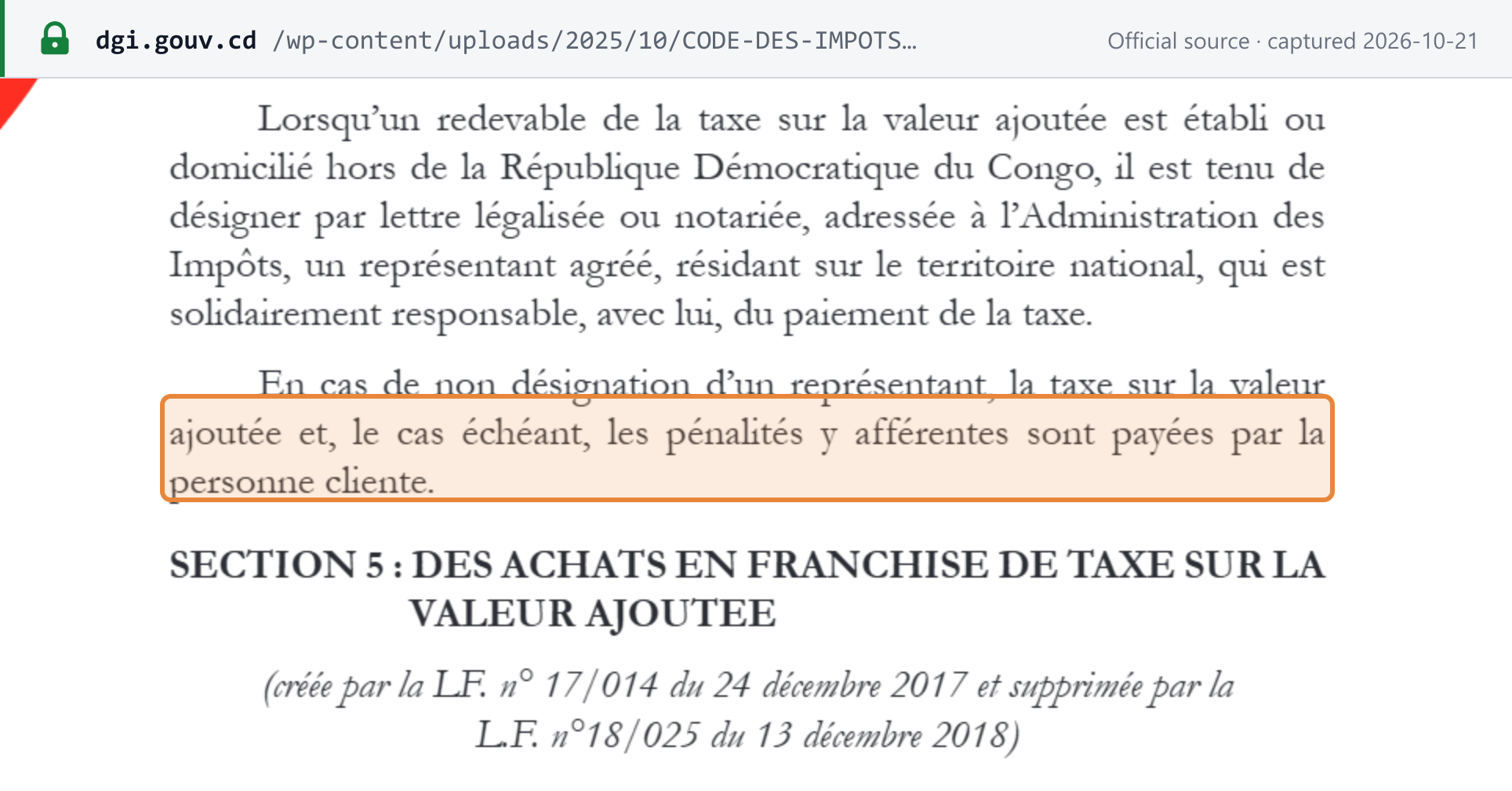 Source snapshot — non-resident suppliers: Code des Impôts p. 218, VAT law article 23 — a non-resident appoints an approved representative resident in the DRC, jointly liable for the tax; if none is appointed, the VAT and penalties are paid by the client
