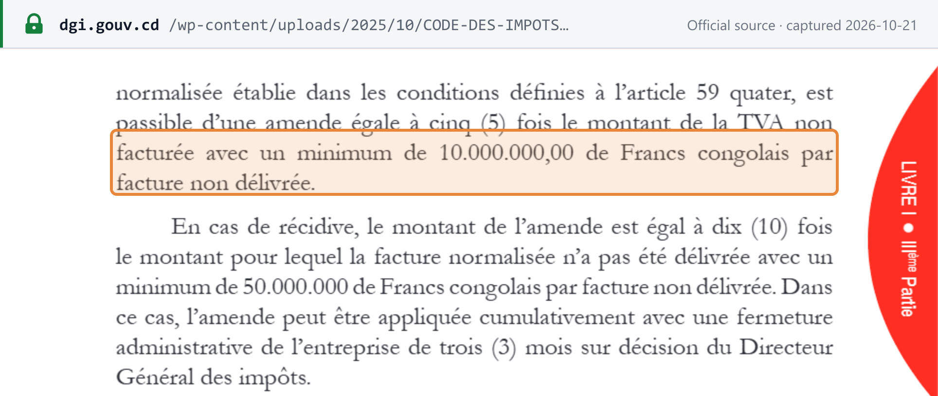 Source snapshot — penalty for not issuing a normalised invoice: Code des Impôts p. 247, VAT law article 74 sexies (continued from p. 246) — five times the VAT not invoiced with a minimum of CDF 10,000,000 per invoice not issued; on a repeat ten times, minimum CDF 50,000,000, with possible three-month closure