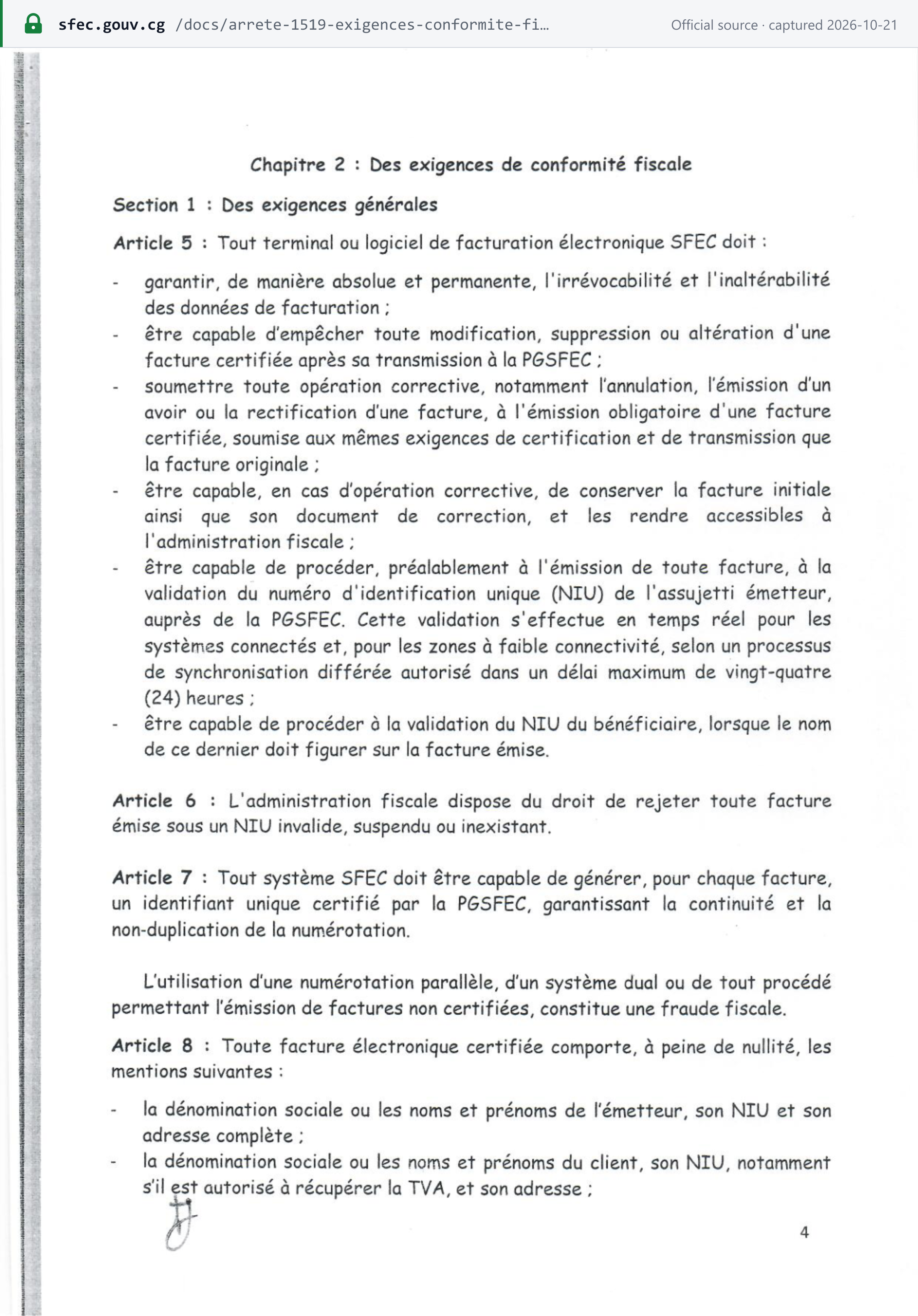 Source snapshot — invoice rules: Arrêté n° 1519/MFBPP-CAB of 9 July 2026, p. 4 — article 5 (irrevocability of billing data; corrections only by a new certified invoice; NIU validation), article 7 (a unique identifier certified by the PGSFEC for each invoice; parallel numbering or a dual system is tax fraud) and the opening of article 8 (issuer and customer name, NIU and address)