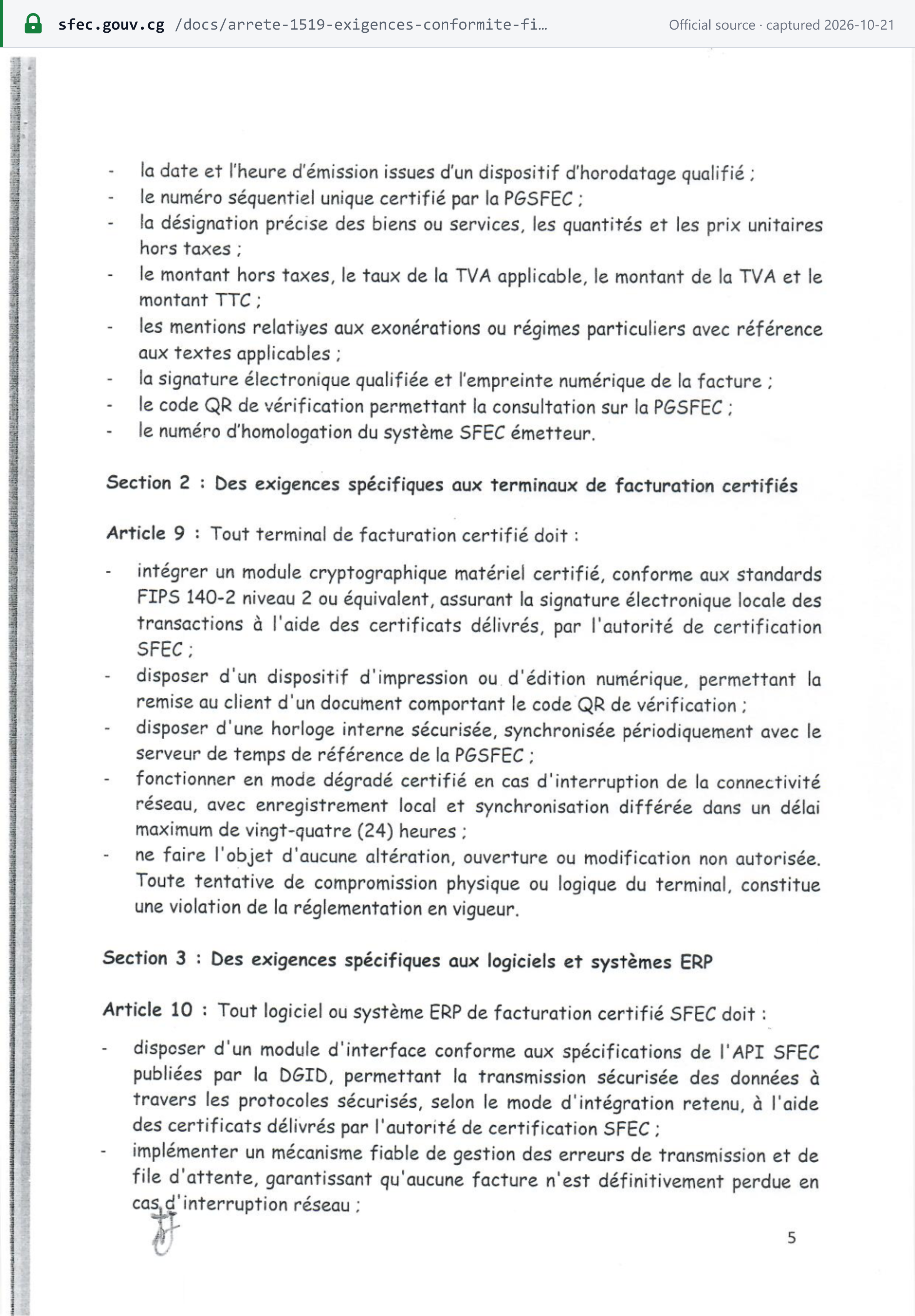 Source snapshot — invoice rules: Arrêté n° 1519/MFBPP-CAB, p. 5 — the rest of the article 8 mandatory mentions of a certified invoice: date and time from a qualified time-stamp, the PGSFEC-certified sequential number, description, quantities and unit prices, amount excluding tax, VAT rate and amount and total, exemption wording, qualified signature and fingerprint, verification QR code and the SFEC system's homologation number
