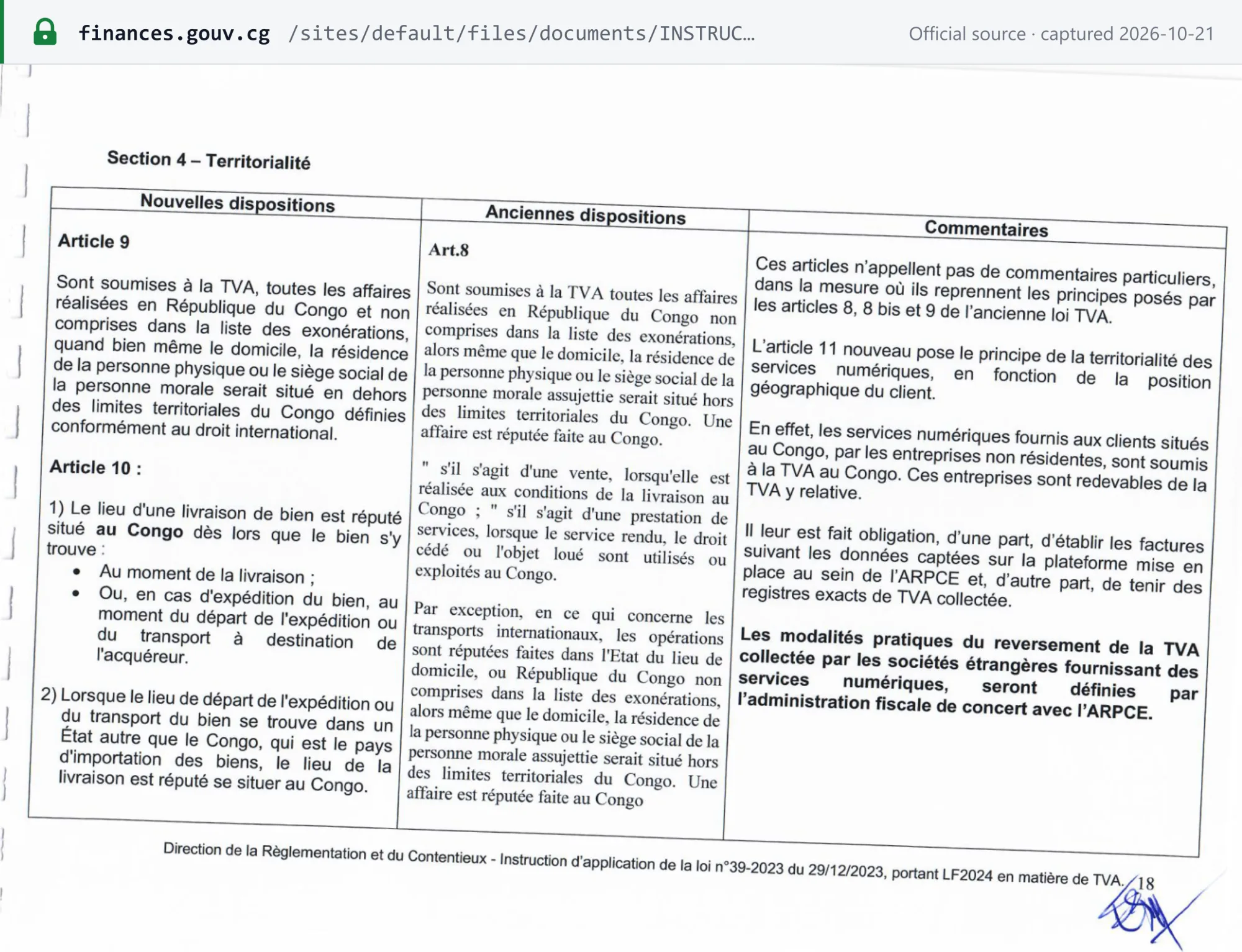 Source snapshot — digital services: DGID Instruction 0339, p. 18, commentary column — digital services supplied to customers in the Congo by non-resident businesses are subject to Congolese VAT; those businesses must invoice from the data captured on the ARPCE platform and keep accurate records of VAT collected, with remittance arrangements set by the tax administration together with the ARPCE. The left columns show VAT law articles 9 and 10 (territoriality; place of supply of goods)