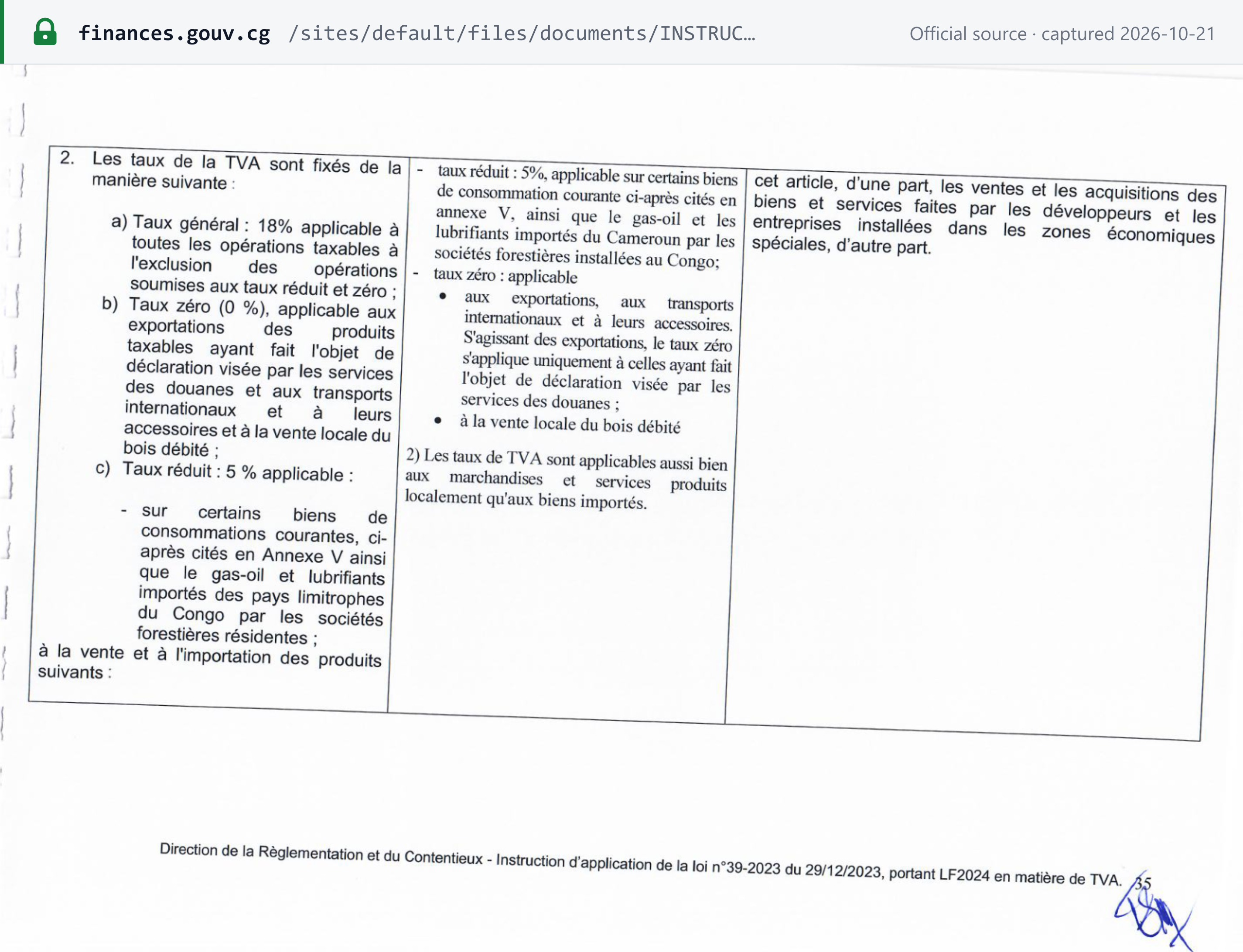 Source snapshot — VAT rates: DGID Instruction 0339, p. 35, VAT law article 22(2) as rewritten by LF 2024 (left column) — general rate 18%; zero rate on endorsed exports, international transport and local sales of sawn timber; reduced rate 5% on goods in Annexe V and on gas-oil and lubricants imported by resident forestry companies