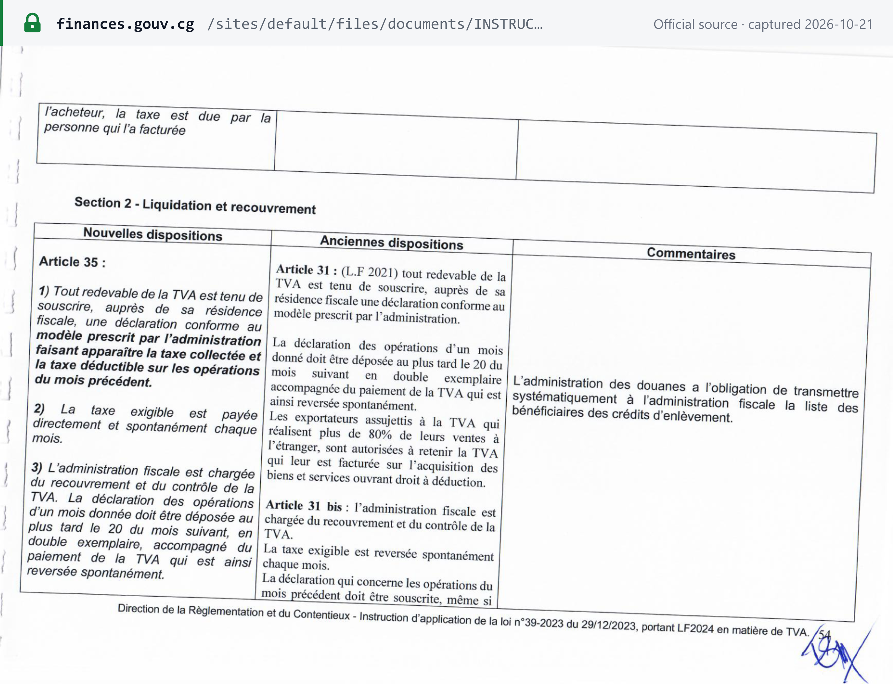 Source snapshot — return deadline: DGID Instruction 0339, p. 54, VAT law article 35 as rewritten by LF 2024 (left column) — a monthly return of VAT collected and deductible on the previous month's operations, filed no later than the 20th of the following month, in duplicate, with payment