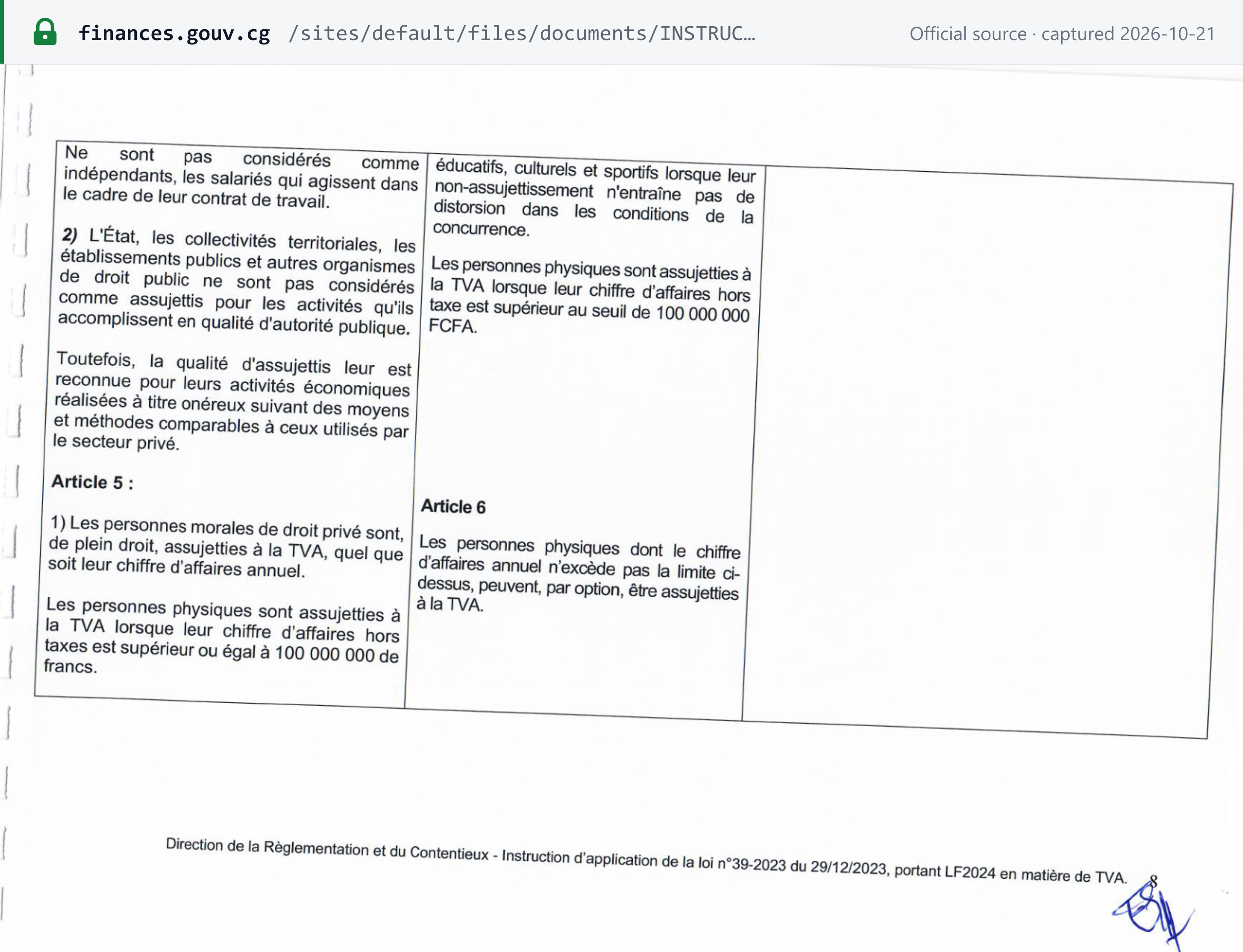 Source snapshot — registration rule: DGID Instruction 0339, p. 8, VAT law article 5(1) as rewritten by LF 2024 (left column) — private-law legal persons liable to VAT of right whatever their annual turnover; natural persons liable when turnover excluding tax is FCFA 100,000,000 or more. The middle column is the old text