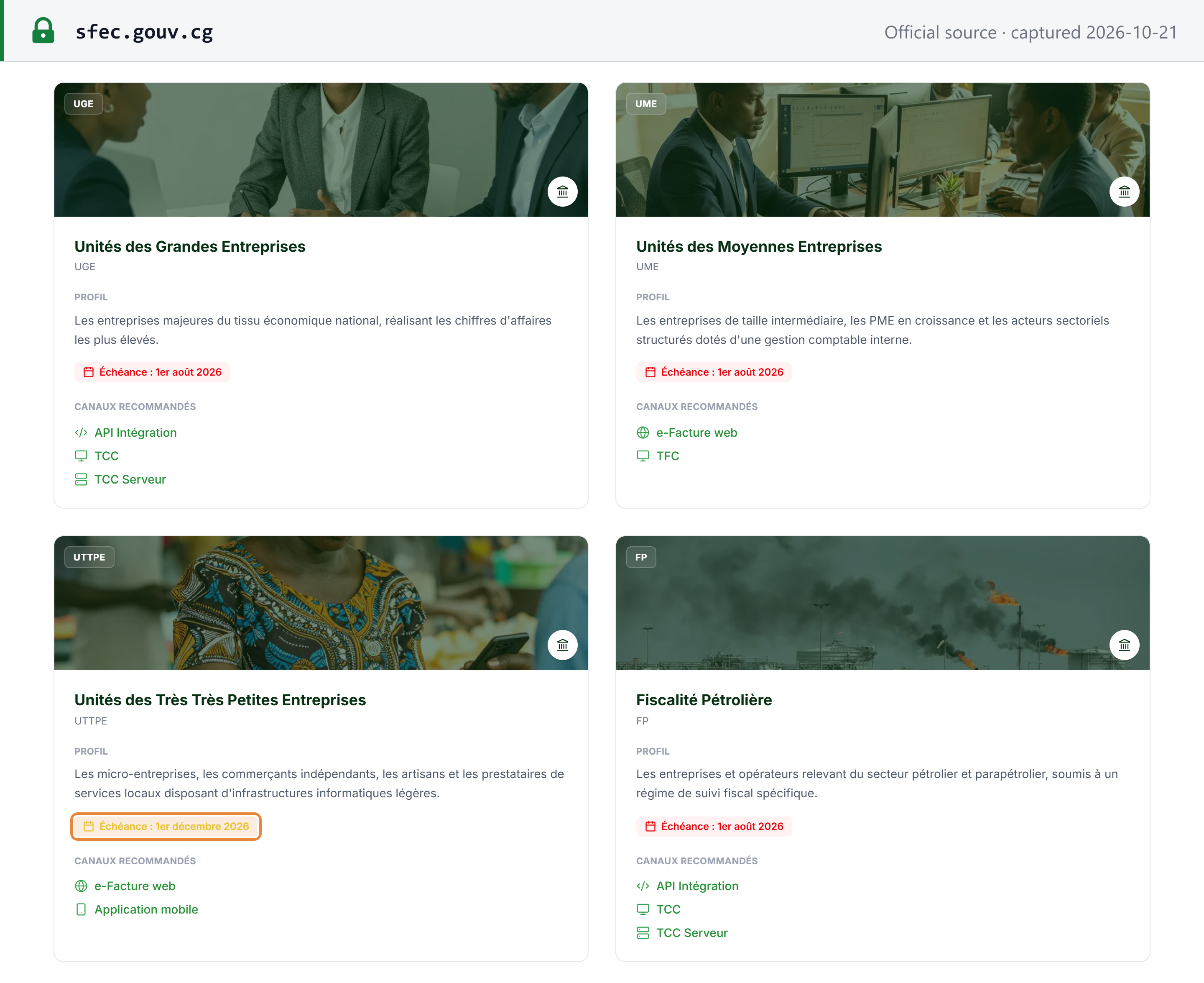 Source snapshot — mandate timeline by segment: DGID SFEC portal segment cards — UGE, UME and FP (Fiscalité Pétrolière) deadline 1 August 2026; UTTPE (very small enterprises) deadline 1 December 2026 (boxed); recommended channels per segment