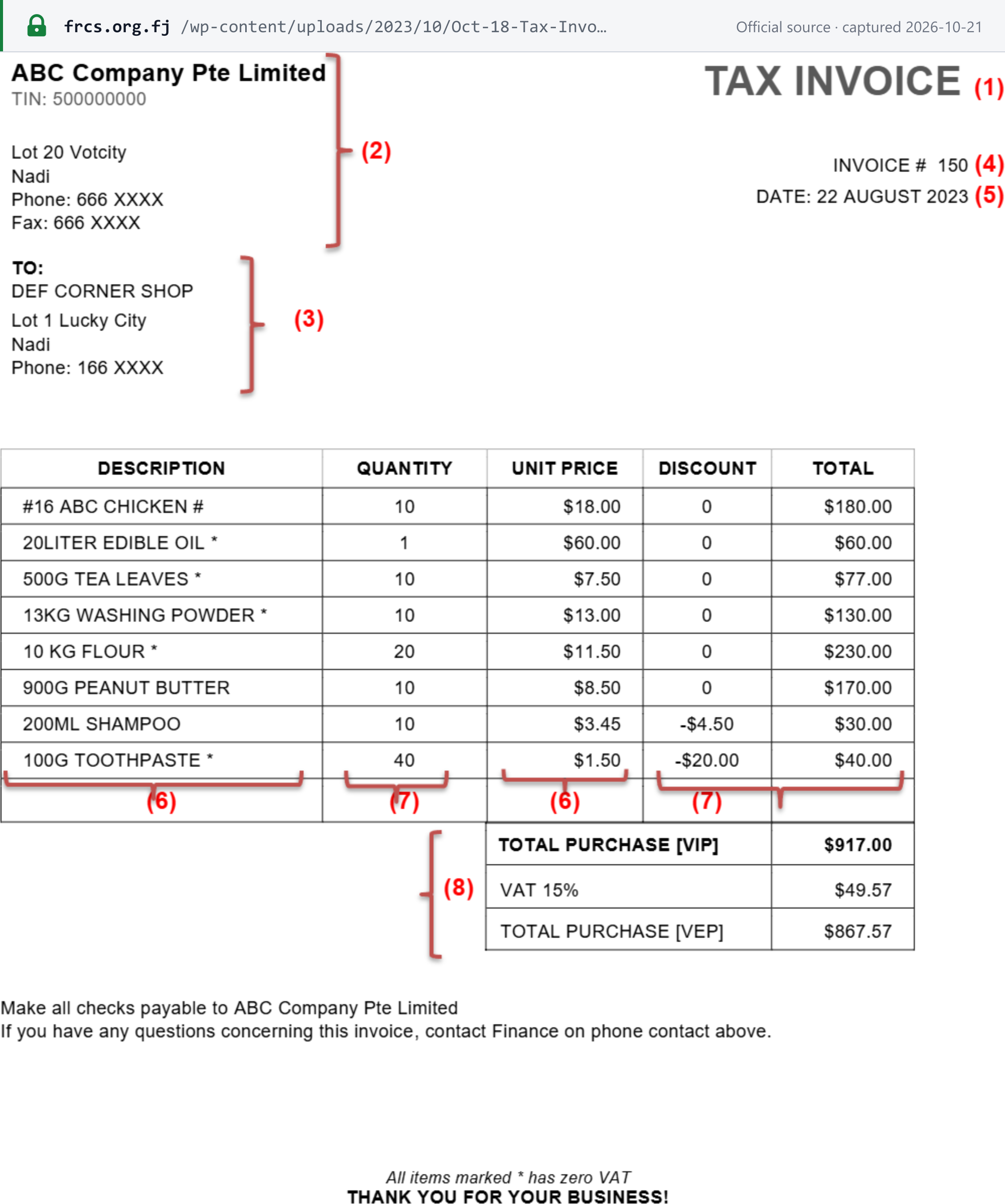 Source snapshot — official FRCS specimen tax invoice (above $100), 2023: ABC Company Pte Limited, invoice 150 of 22 August 2023, with the words TAX INVOICE, the supplier's name, TIN and address, the recipient, invoice number, date, line items and the totals block tagged (1) to (8); its VAT line reads 15%, the rate before 1 August 2025