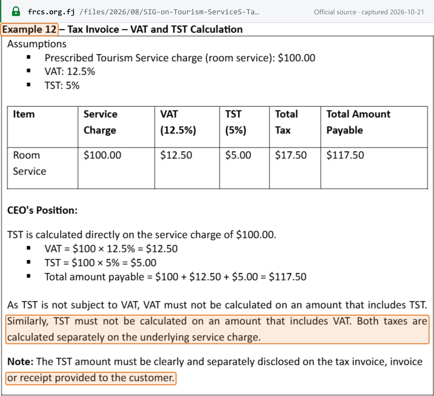 Source snapshot — VAT and TST on one invoice: FRCS SIG 2026-09 on Tourism Services Tax (Final Draft, Version 2), Example 12 — on a $100.00 room-service charge, VAT at 12.5% is $12.50 and TST at 5% is $5.00, total $117.50; both taxes are calculated separately on the underlying charge, and TST must be disclosed separately