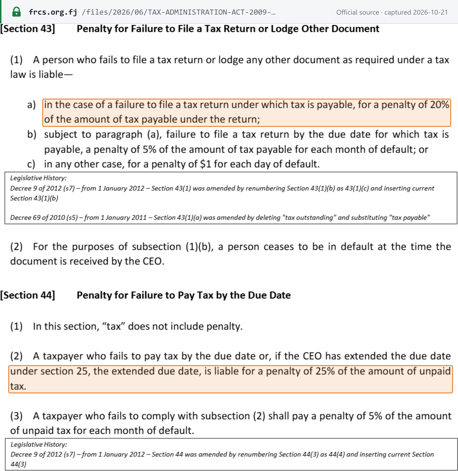 Source snapshot — late filing and late payment penalties: Tax Administration Act 2009 ss.43–44, FRCS revision to 1 August 2025, p. 64 — 20% of the tax payable for a late return plus 5% for each month of default, and 25% of unpaid tax for late payment plus 5% for each month of default