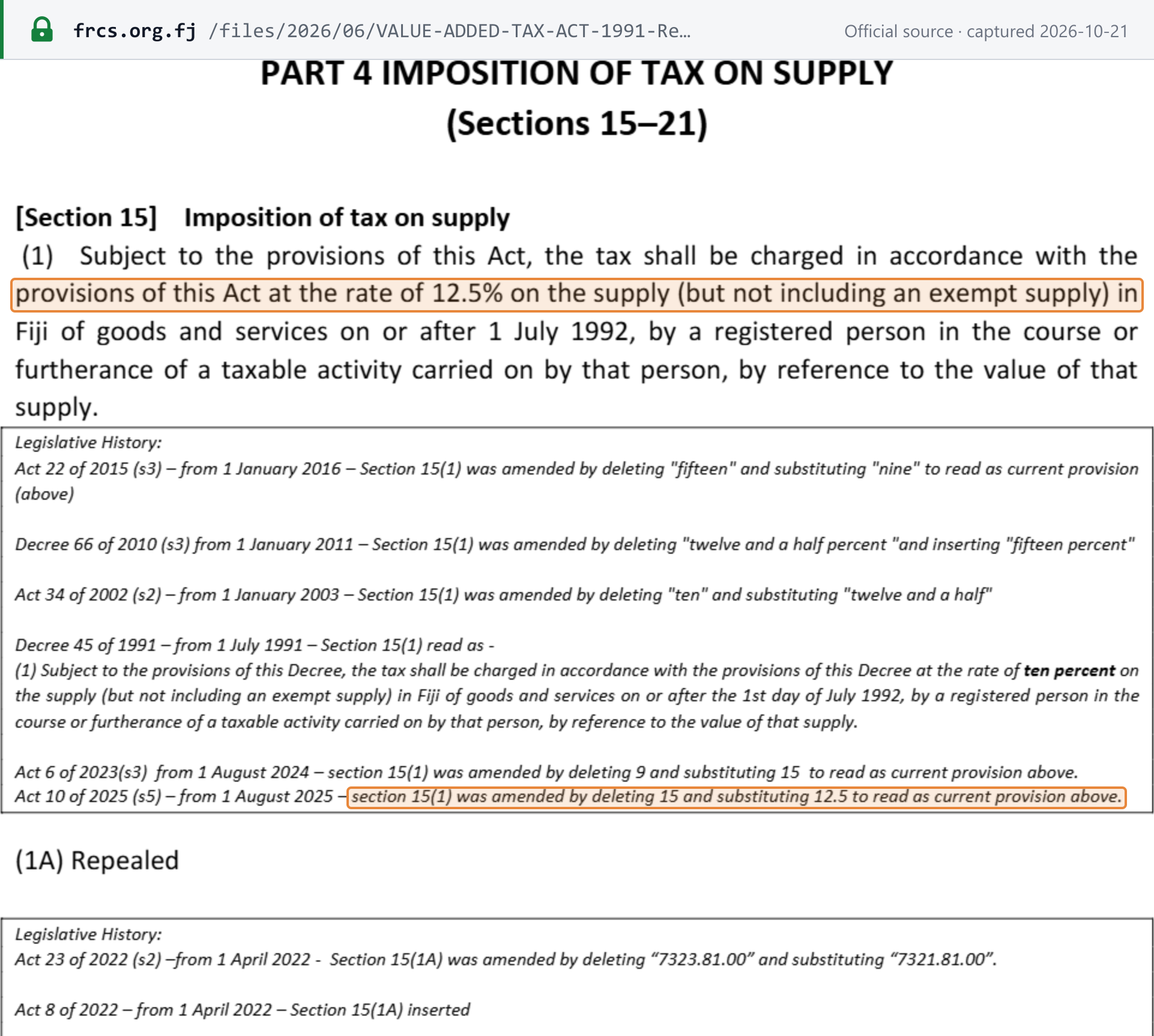 Source snapshot — standard VAT rate: VAT Act 1991 s.15(1), FRCS revision to 1 August 2025, p. 30 — tax charged at the rate of 12.5% on supplies, with the history note that Act 10 of 2025 deleted 15 and substituted 12.5 from 1 August 2025
