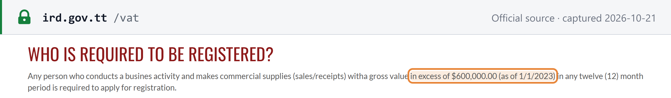 Source snapshot — VAT registration threshold: IRD VAT page, "Who is Required to be Registered?" — registration is required for commercial supplies with a gross value in excess of $600,000.00 (as of 1/1/2023) in any twelve-month period