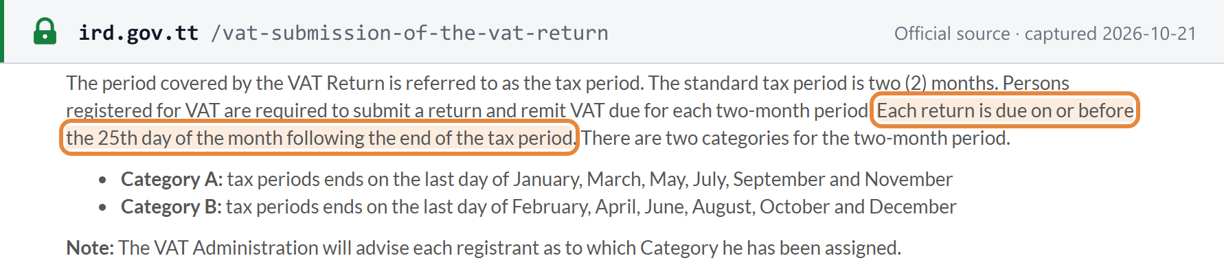 Source snapshot — return deadline: IRD, VAT – Submission of the VAT Return — the standard tax period is two months; each return is due on or before the 25th day of the month following the end of the tax period; Category A and Category B period ends