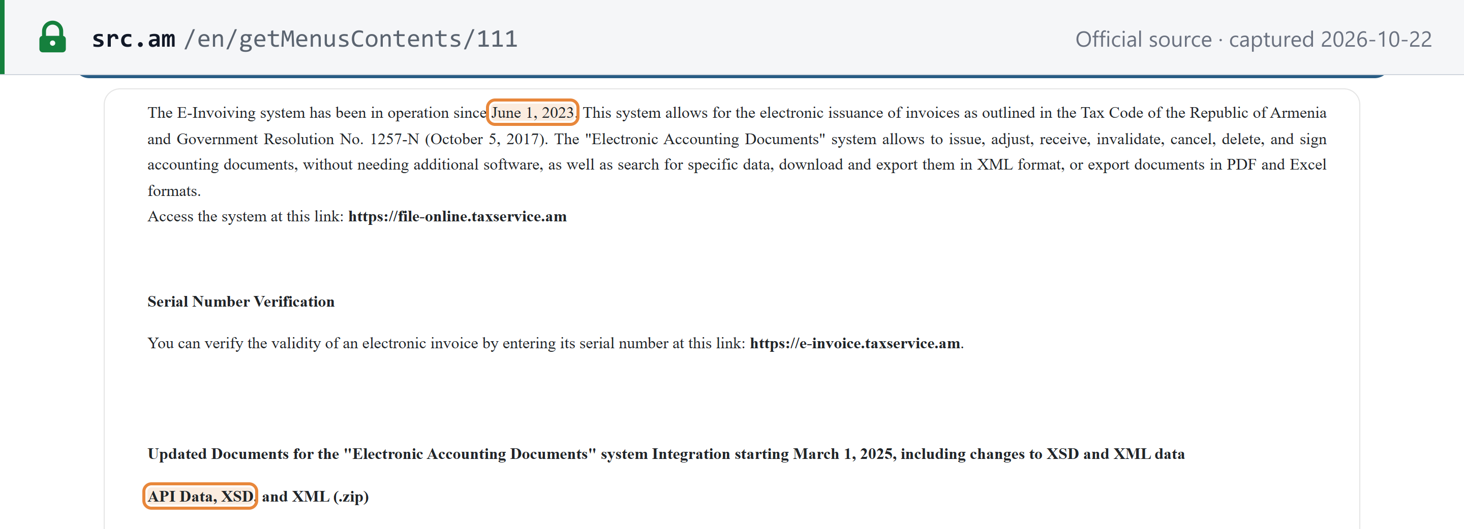 Source snapshot — SRC e-invoicing page (format and network): the E-Invoicing system has been in operation since June 1, 2023 (boxed), issues documents under the Tax Code and Government Resolution No. 1257-N, exports in XML format, is accessed at file-online.taxservice.am, offers serial-number verification at e-invoice.taxservice.am, and publishes the API Data, XSD and XML package (boxed)