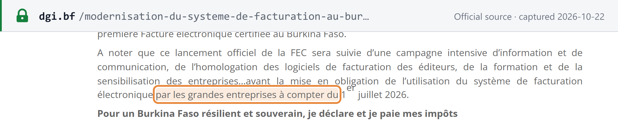 Source snapshot — DGI article on the official FEC launch of 6 January 2026 (mandate timeline): the launch is to be followed by an information campaign, homologation of invoicing software and training of businesses, before compulsory use of the e-invoicing system by large enterprises from 1 July 2026 (boxed)