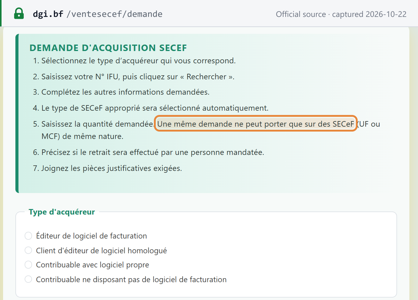 Source snapshot — DGI and CCI-BF GDSECeF platform (onboarding), "Demande d'acquisition SECeF": the seven steps of the request, with one request limited to SECeF (UF or MCF) of the same kind (boxed), and the four acquirer types: invoicing-software publisher, client of a homologated software publisher, taxpayer with its own software, taxpayer without invoicing software