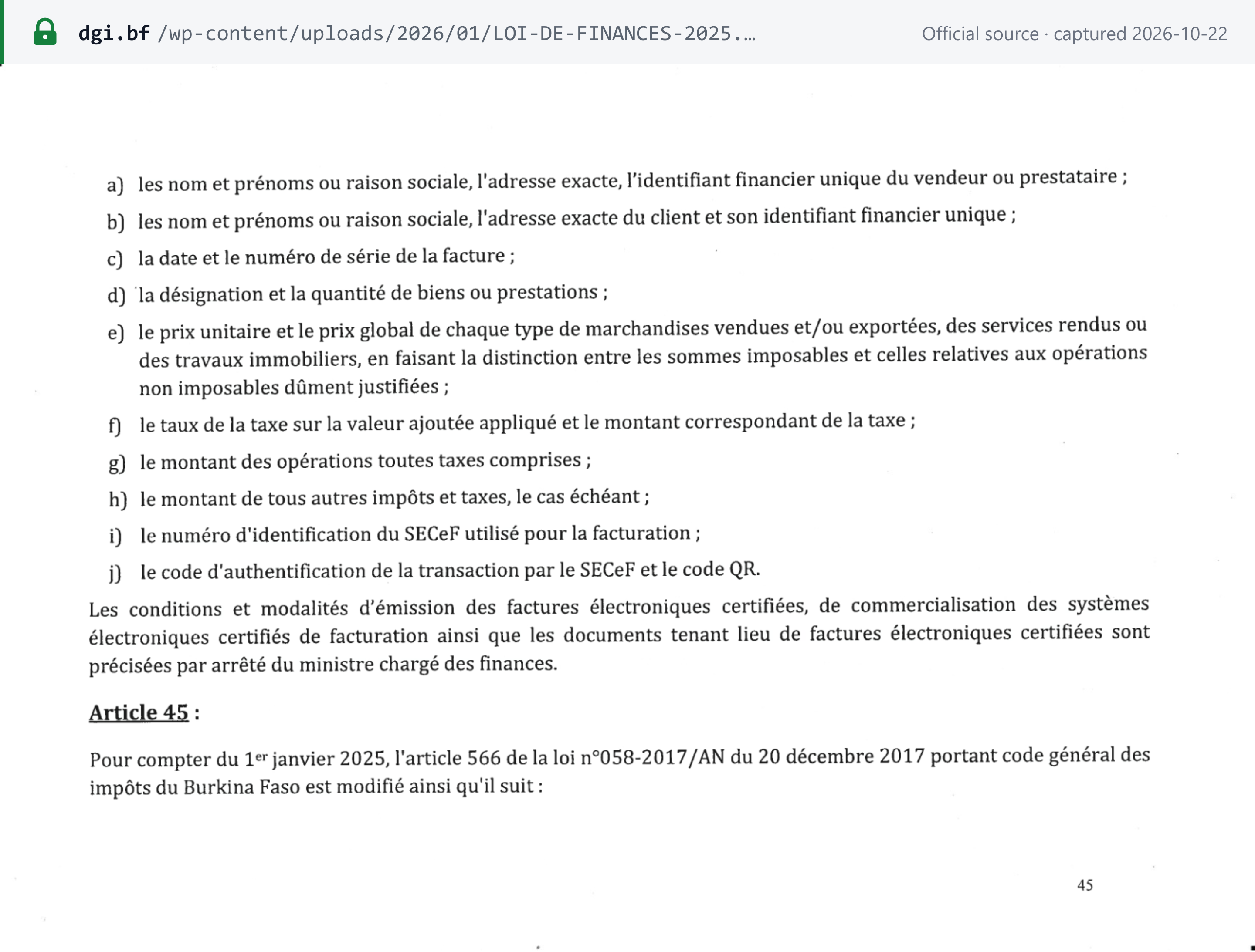 Source snapshot — Loi de finances 2025, CGI art. 564 §2 as rewritten (format): the mandatory mentions of the facture électronique certifiée, a) to j), including i) the identification number of the SECeF used and j) the SECeF transaction authentication code and the QR code
