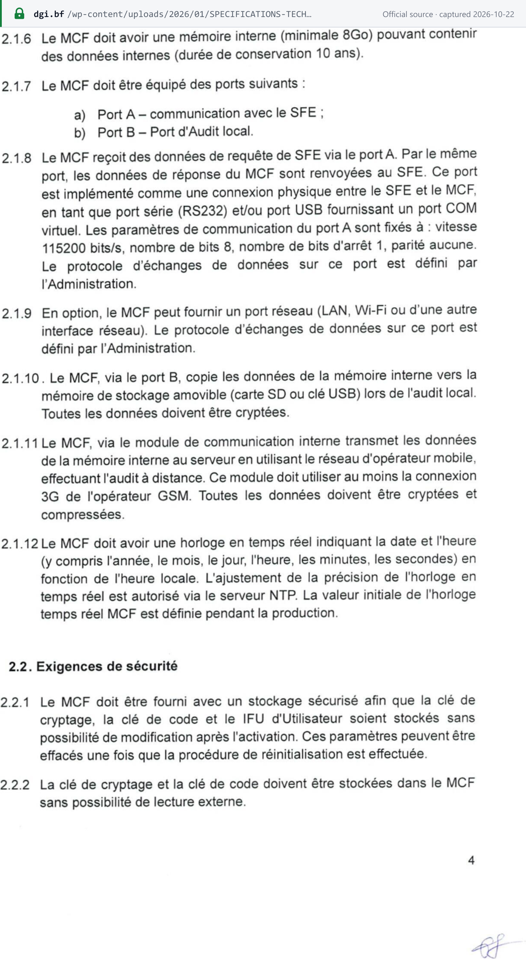 Source snapshot — DGI note de service 2025-0887, technical specifications of the SECeF devices, p.4 (network): §2.1.6 internal memory kept 10 years; §2.1.8 SFE-to-MCF link by RS232 or USB, protocol defined by the Administration; §2.1.11 the MCF transmits its internal-memory data to the server over the mobile-operator network (remote audit), using at least a 3G GSM connection, with all data encrypted and compressed