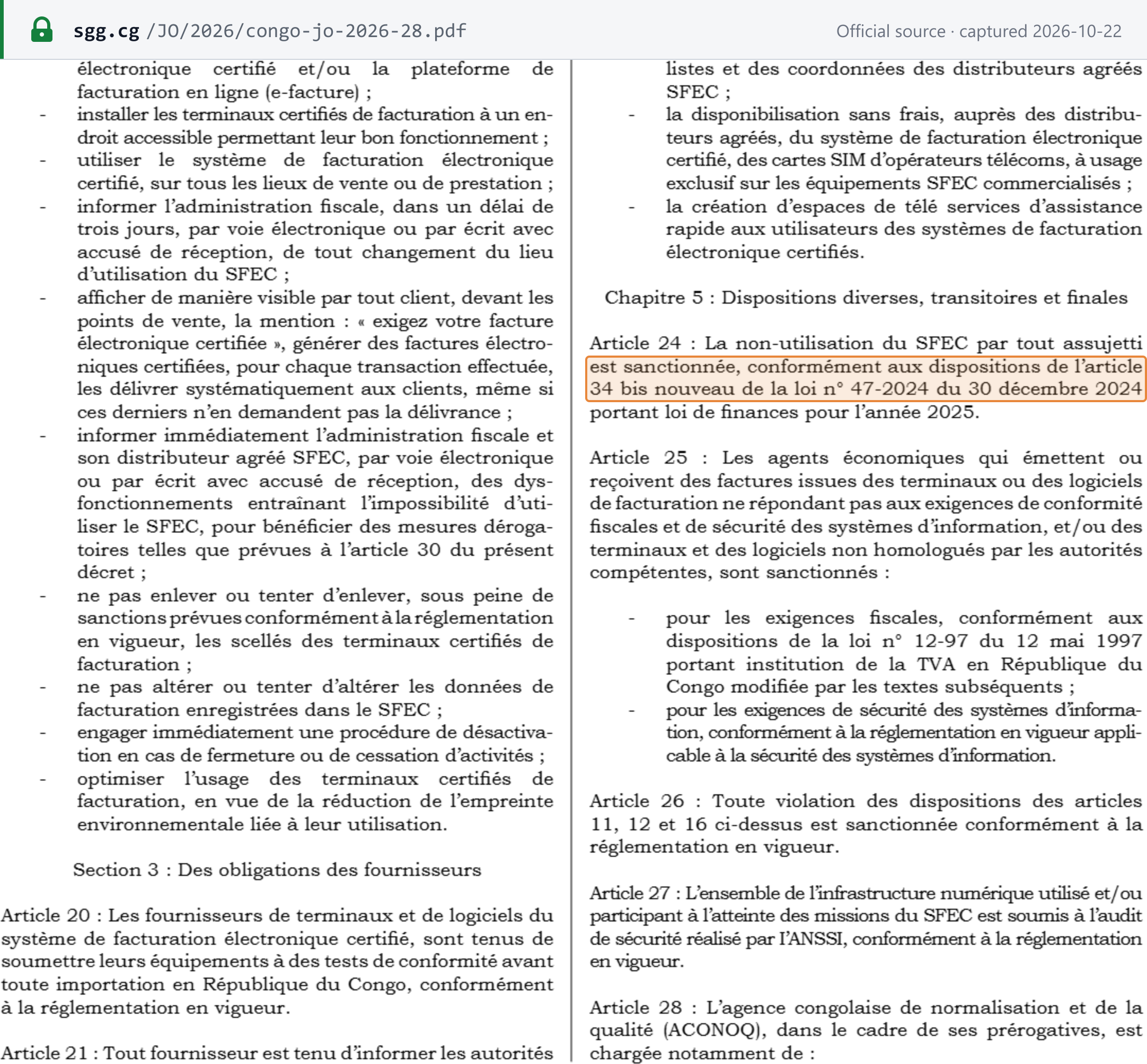 Source snapshot — penalty source: Décret n° 2026-101, Journal officiel n° 28-2026 of 9 July 2026, p. 793 — article 24: non-use of the SFEC by any taxable person is sanctioned under article 34 bis (new) of Loi n° 47-2024 of 30 December 2024, the finance law for 2025 (boxed); article 25: sanctions for invoices from non-compliant or non-homologated terminals and software under the VAT law and the information-security rules; article 26