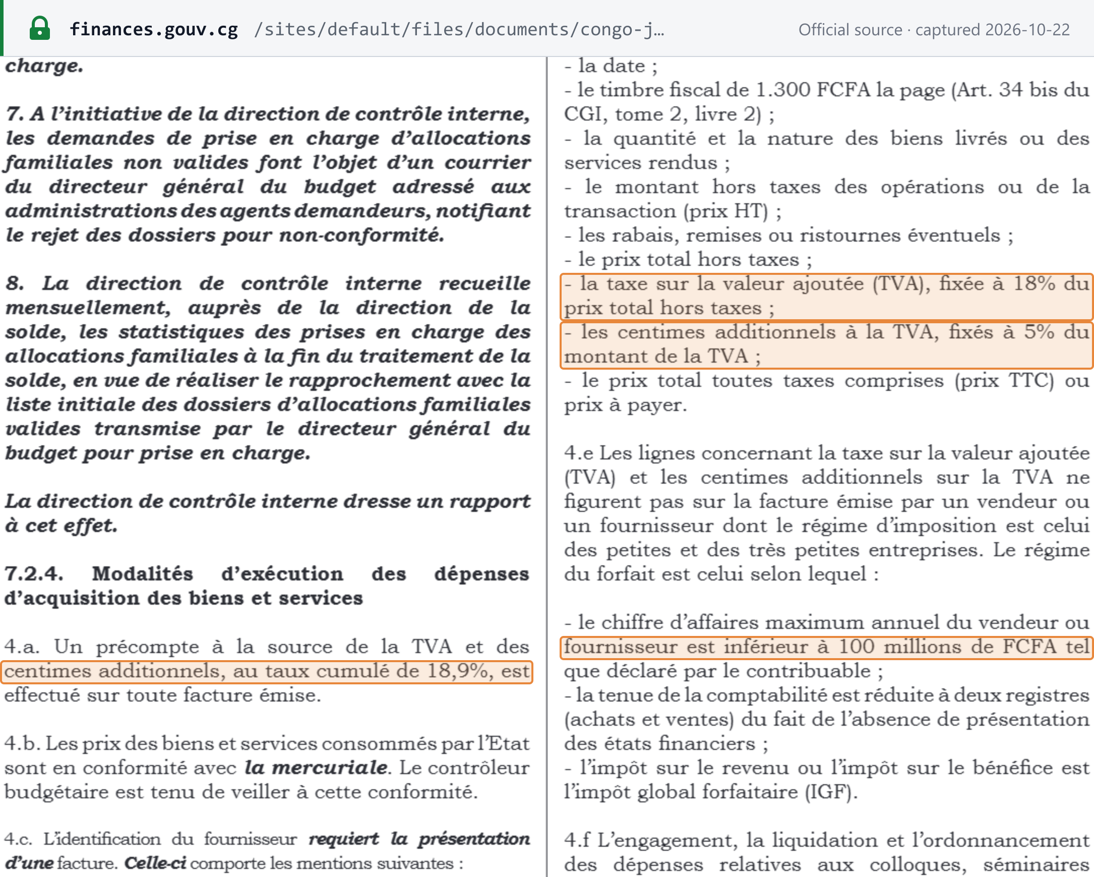 Source snapshot — rates and threshold: LF 2026 (Loi n° 42-2025), Journal officiel spécial n° 3-2026 p. 106, points 4.a, 4.d and 4.e — VAT and centimes additionnels withheld at the combined rate of 18.9%; among the invoice particulars listed, the FCFA 1,300 fiscal stamp per page, and VAT fixed at 18% of the price excluding tax; centimes additionnels fixed at 5% of the VAT; no VAT lines on invoices from forfait sellers, whose annual turnover is below FCFA 100 million