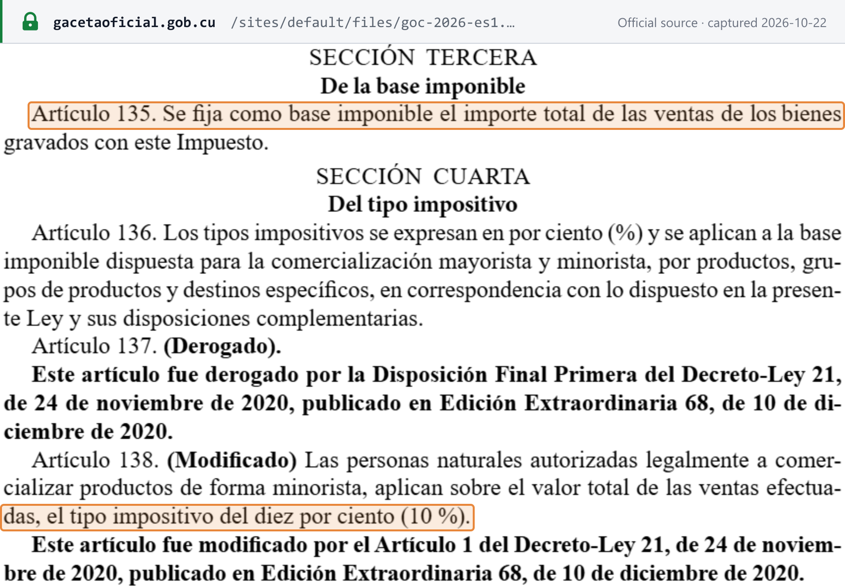 Source snapshot — the tax base: Gaceta Oficial Edición Especial 1 of 2026, p. 25, Ley 113 art. 135 — the sales-tax base is the total amount of sales of the taxed goods — and art. 138 — natural persons apply 10% to the total value of their retail sales