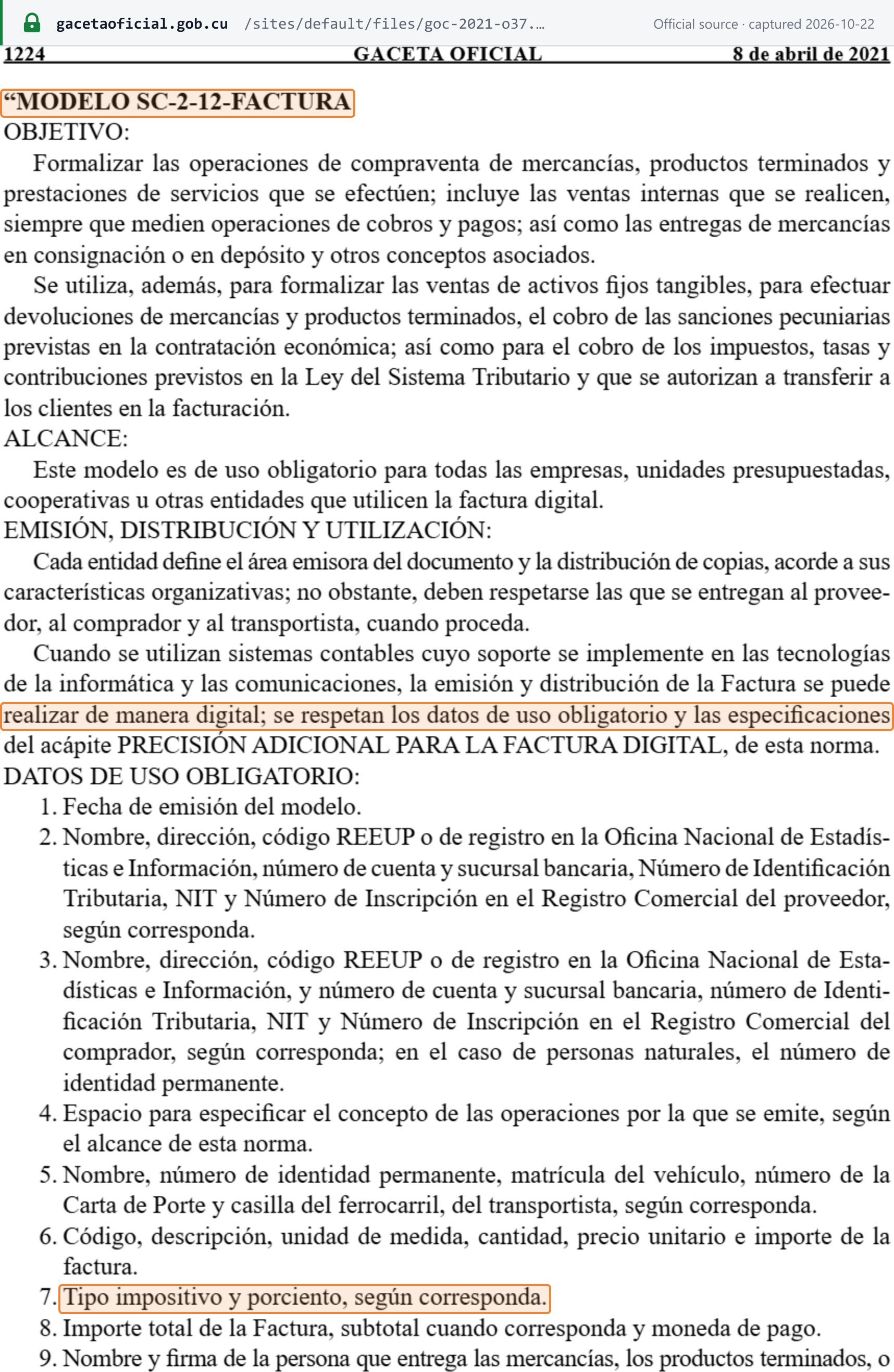 Source snapshot — invoice rules: Gaceta Oficial Ordinaria 37 of 8 April 2021, p. 1224, MFP Resolución 55/2021, Modelo SC-2-12 Factura — objective, scope, digital issue permitted, and the datos de uso obligatorio 1–8, including the NIT of supplier and buyer, the tax rate and the currency of payment
