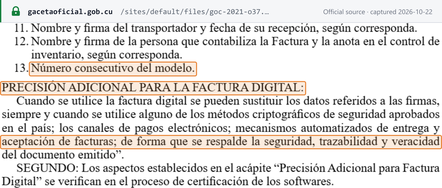 Source snapshot — invoice rules (continued): Gaceta Oficial Ordinaria 37 of 8 April 2021, MFP Resolución 55/2021 — data items 11–13 (carrier's and bookkeeper's signatures, consecutive number) and the Precisión adicional para la factura digital: signatures may be replaced by approved cryptographic methods, electronic payment channels or automated delivery and acceptance mechanisms, verified in software certification