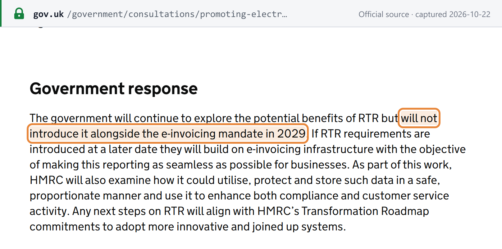 Source snapshot — HMRC/DBT consultation response, section 8 Government response: real-time reporting will not be introduced alongside the e-invoicing mandate in 2029