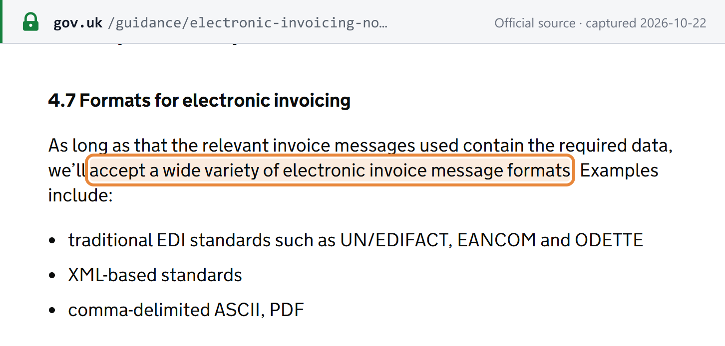 Source snapshot — HMRC VAT Notice 700/63, paragraph 4.7: HMRC accepts a wide variety of electronic invoice message formats, including EDI, XML-based standards, comma-delimited ASCII and PDF