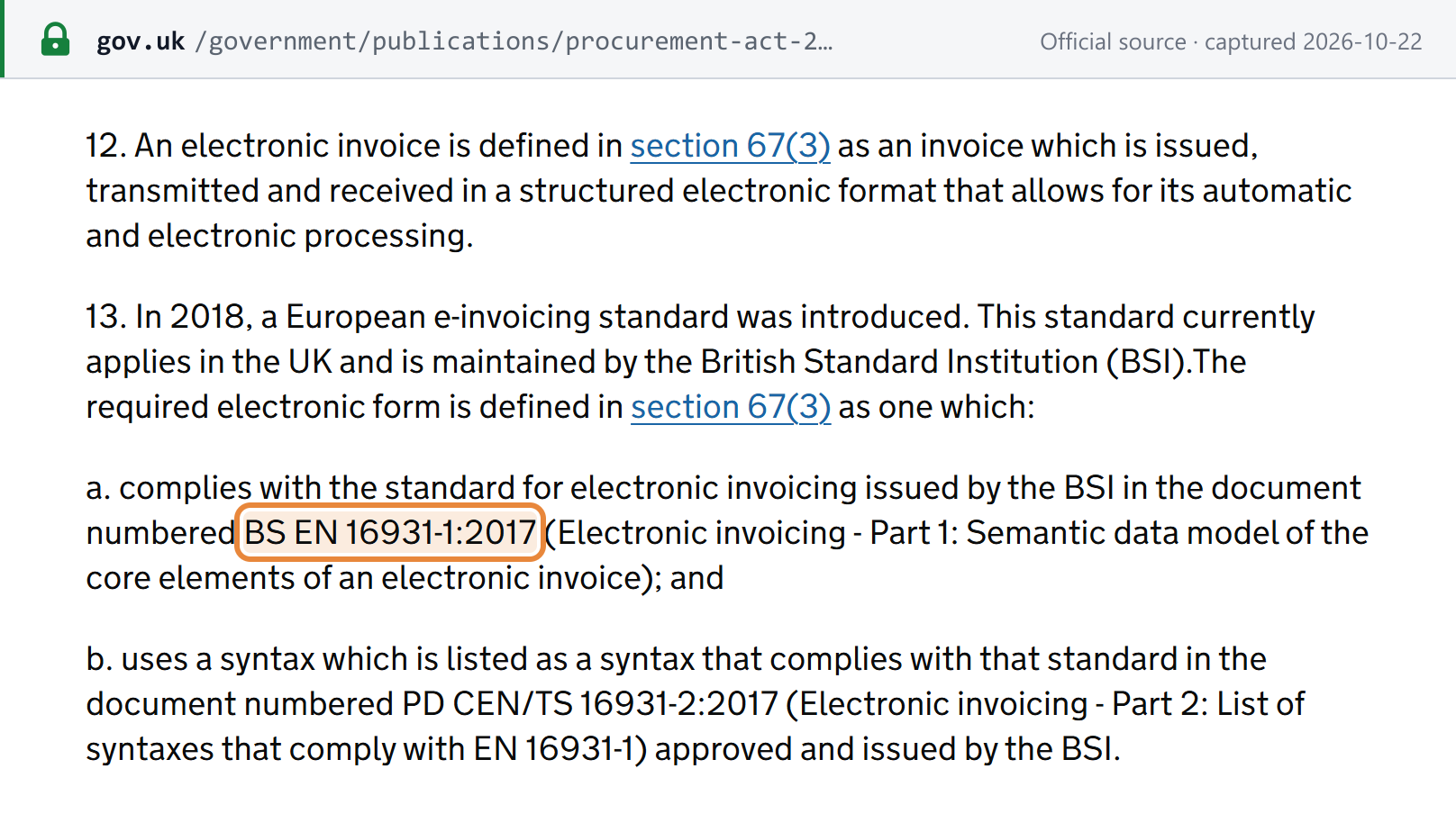 Source snapshot — Cabinet Office guidance on the Procurement Act 2023, paragraphs 12–13: an e-invoice in the required electronic form complies with BS EN 16931-1:2017 and uses a syntax listed in PD CEN/TS 16931-2:2017