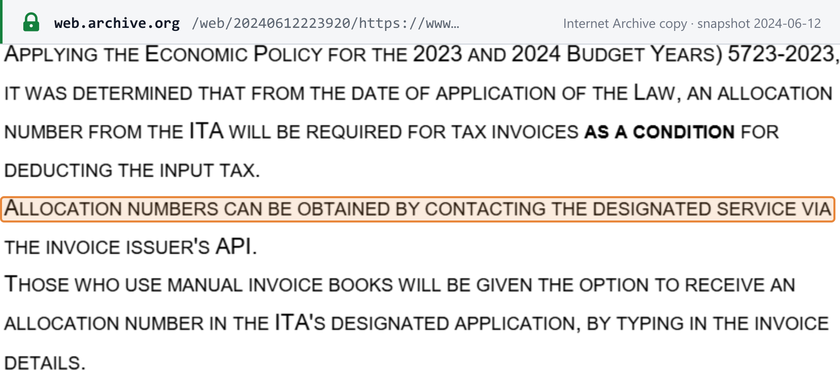 Source snapshot — ITA "Israel Invoice Model — Description of API's" (v1.0, July 2023), §1.1, network channels: allocation numbers are obtained by contacting the designated service via the invoice issuer's API (boxed); manual invoice-book users type the invoice details into the ITA's designated application